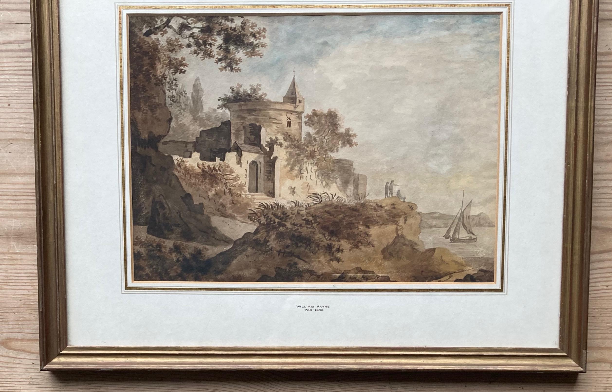 Early English watercolour, Castle by a river - Brown Landscape Art by William Payne