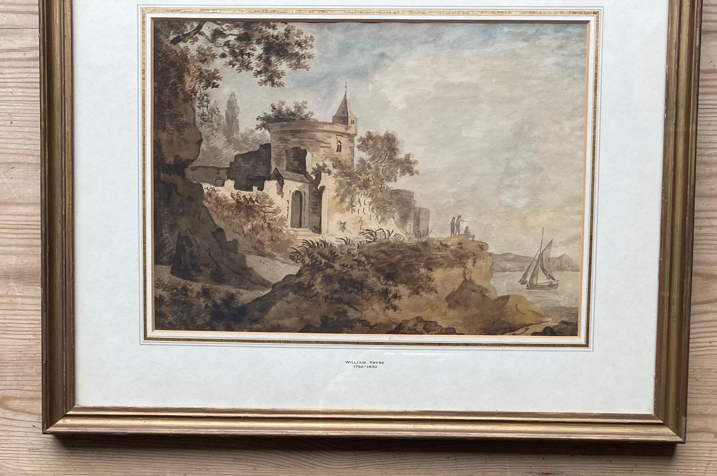 Early English watercolour, Castle by a river 1