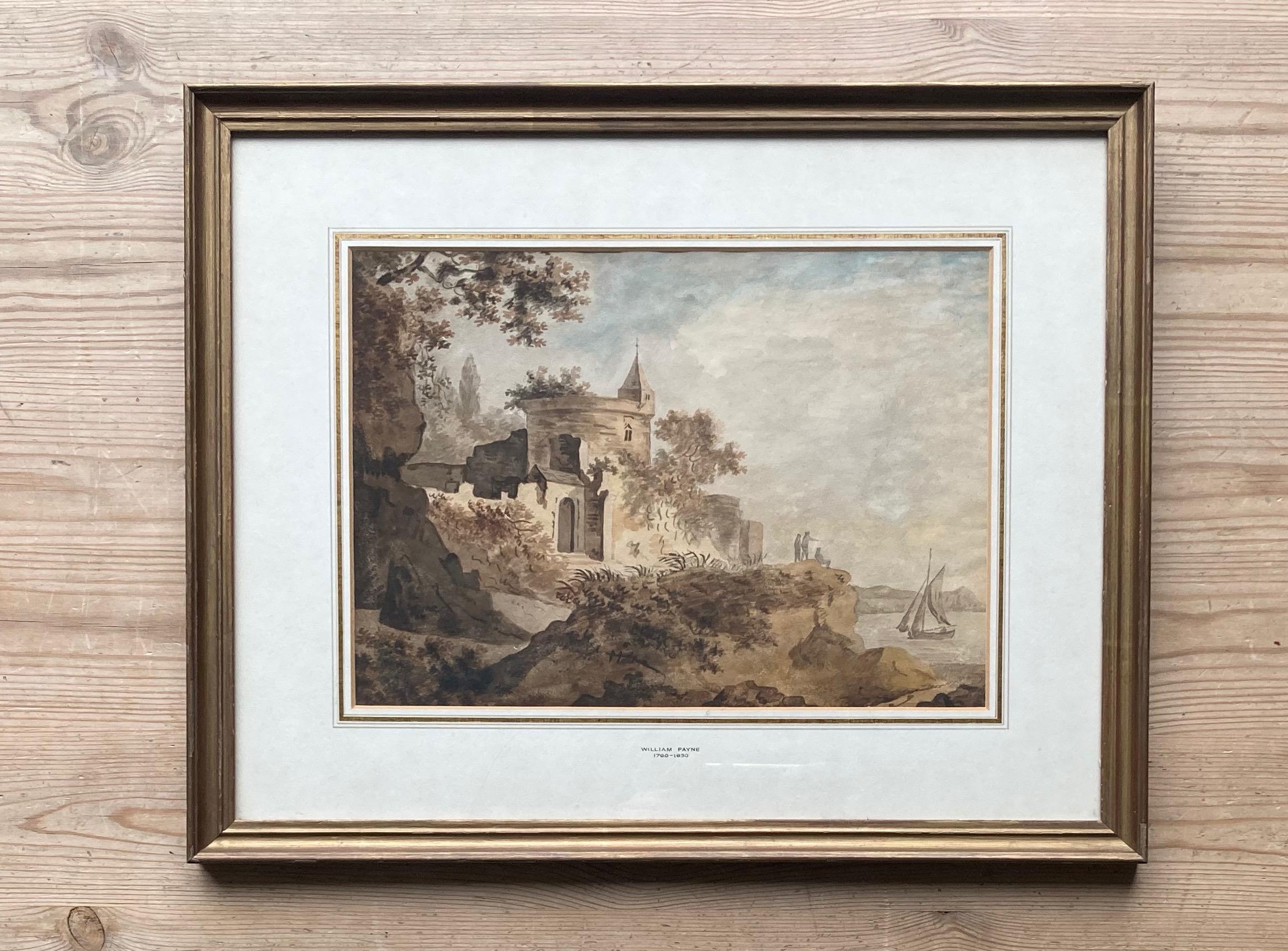 Early English watercolour, Castle by a river 4