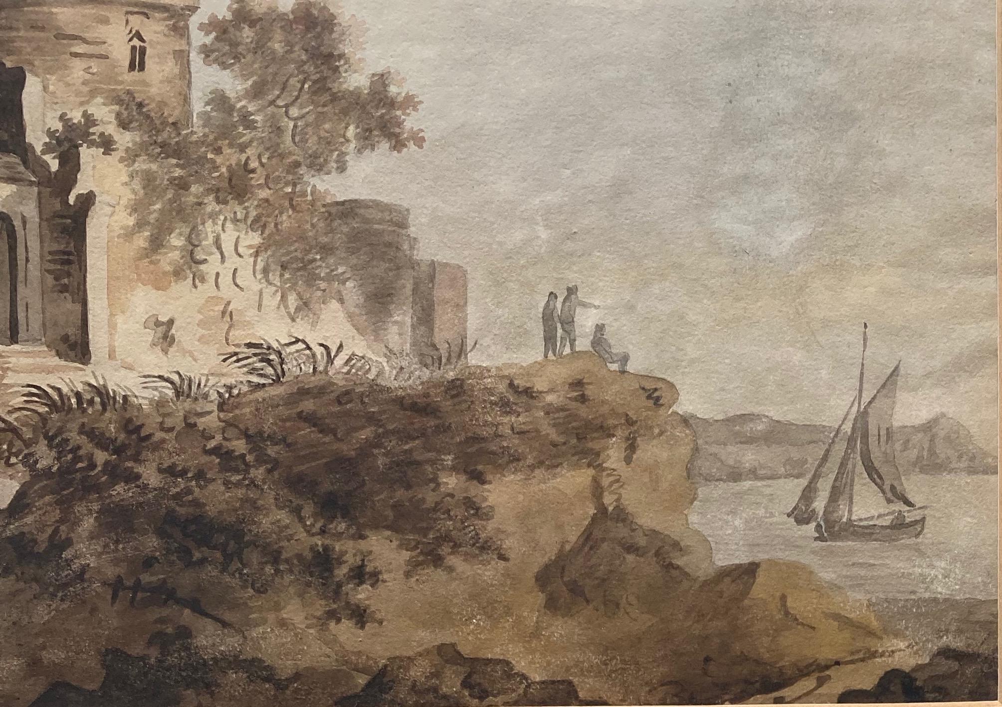 Early English watercolour, Castle by a river 6