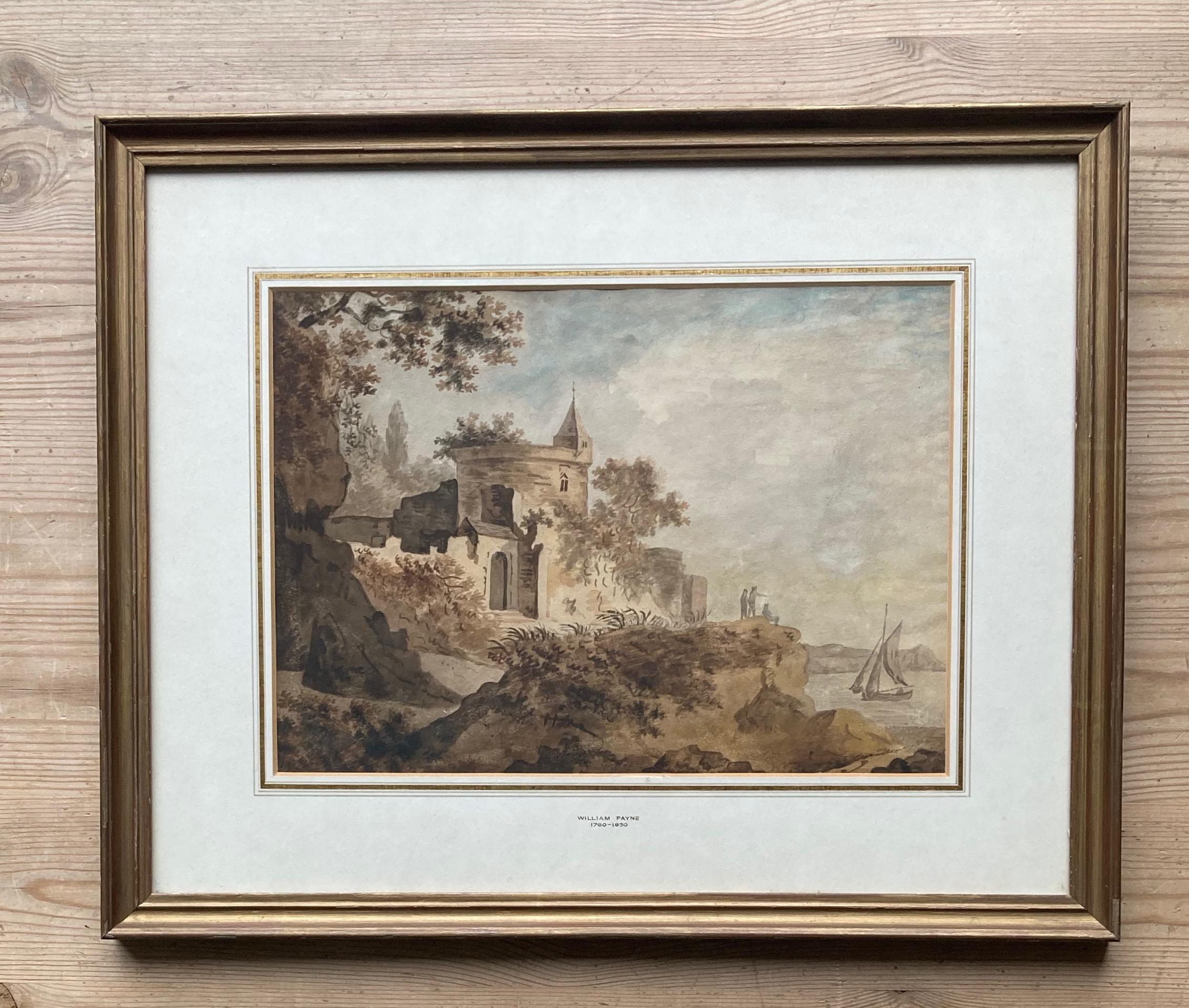 Early English watercolour, Castle by a river 5