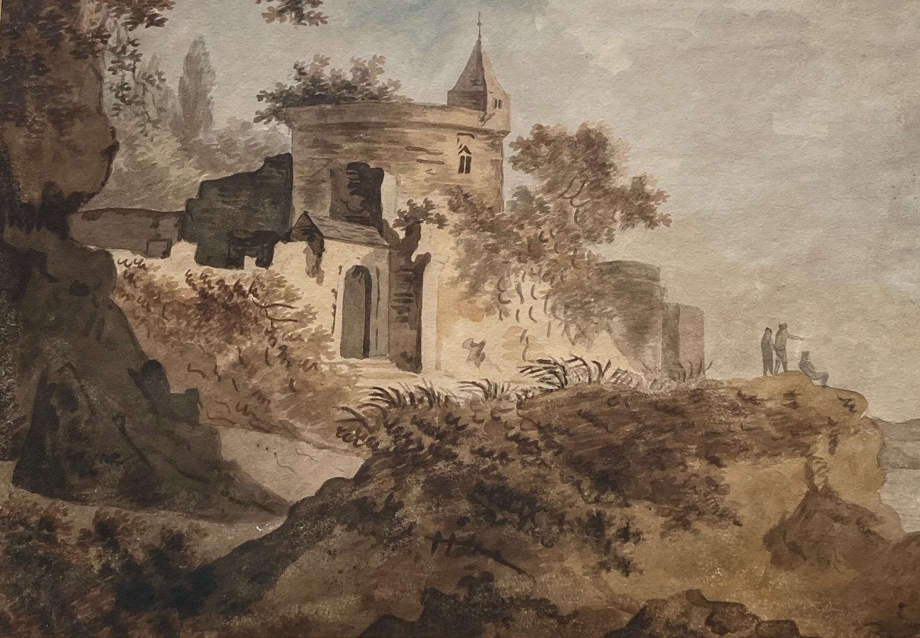 Early English watercolour, Castle by a river 7