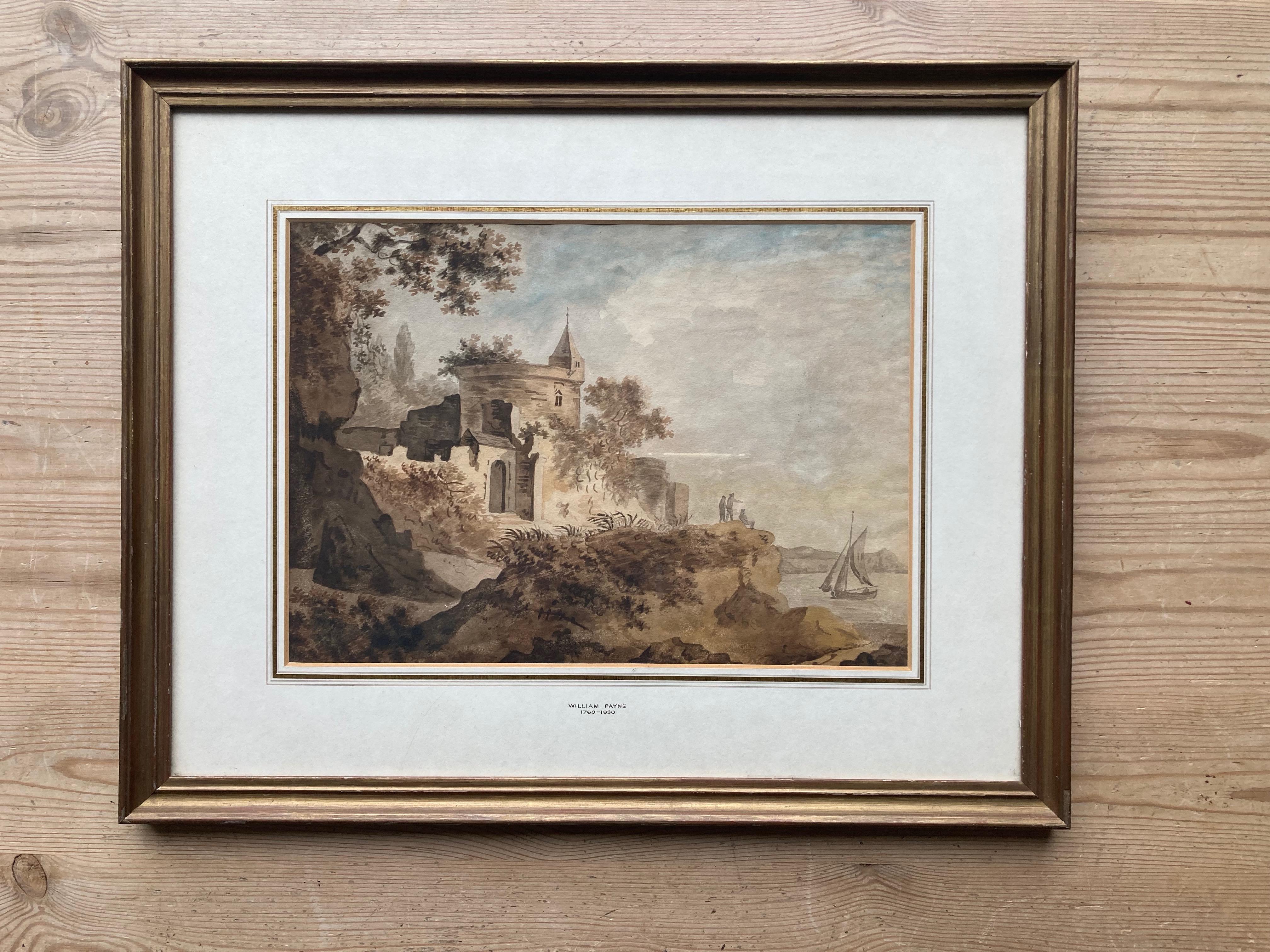 Early English watercolour, Castle by a river - Art by William Payne