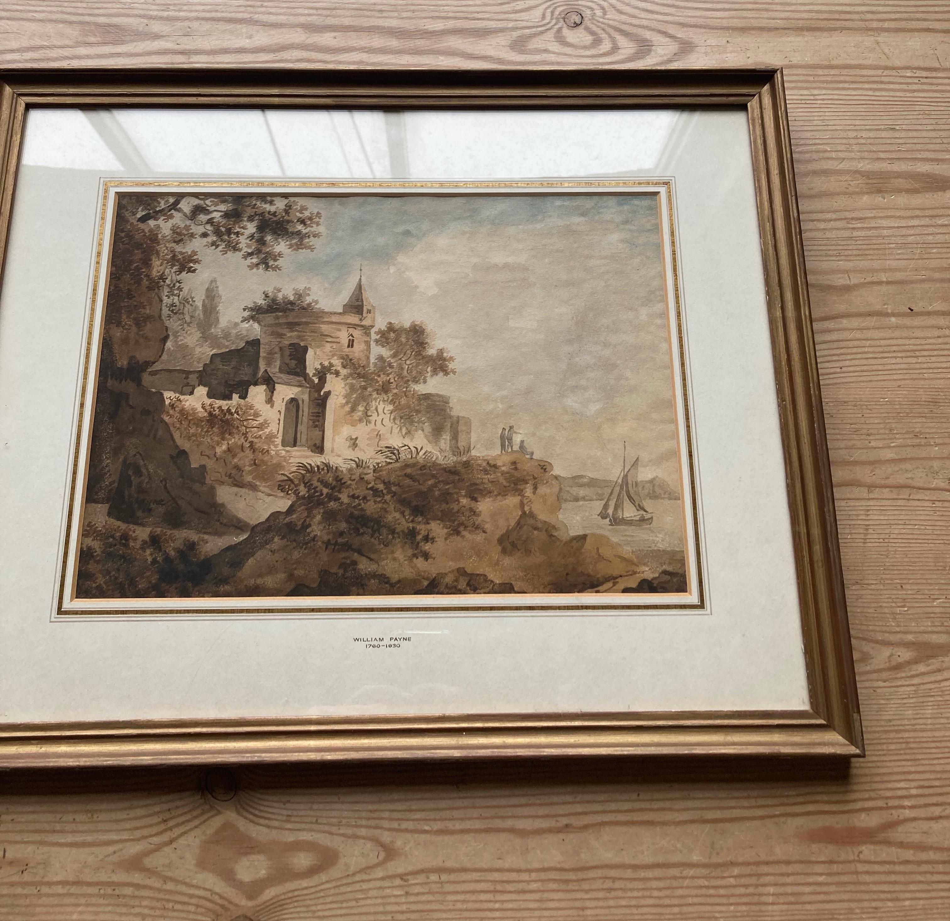 Early English watercolour, Castle by a river 9