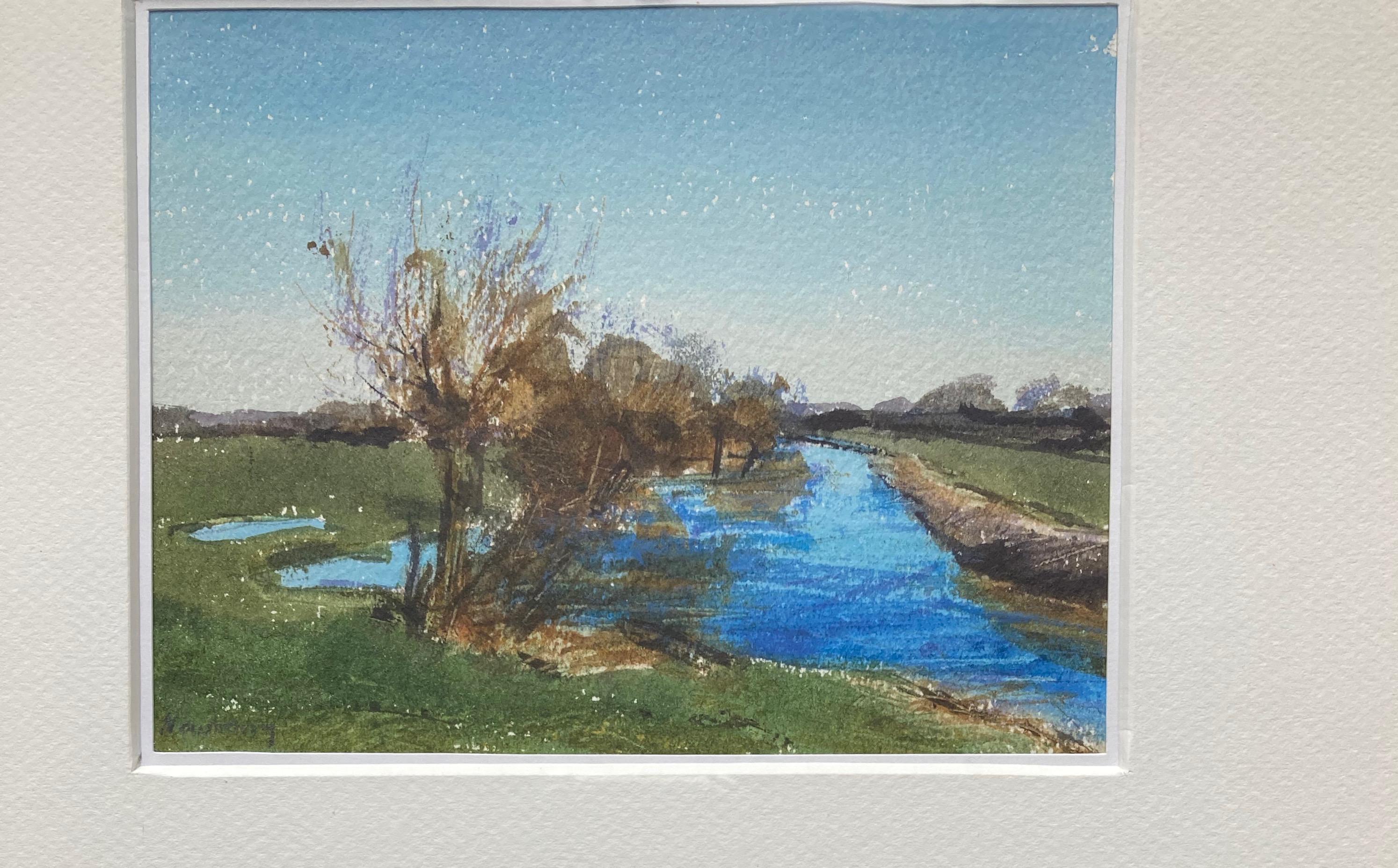Trout stream in Oxfordshire - Blue Landscape Art by John Newberry