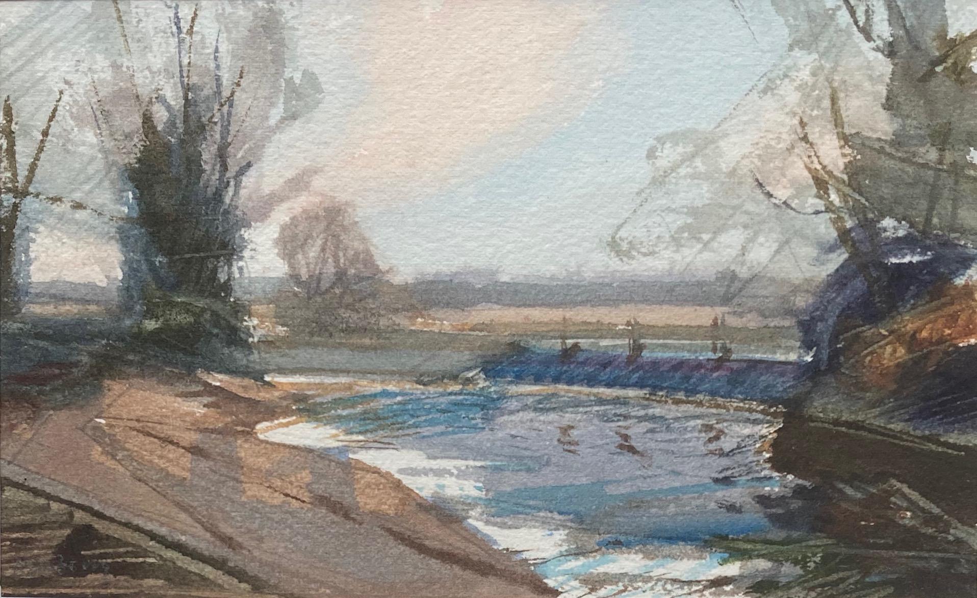 English watercolour, A bend in the river, Oxfordshire - Art by John Newberry