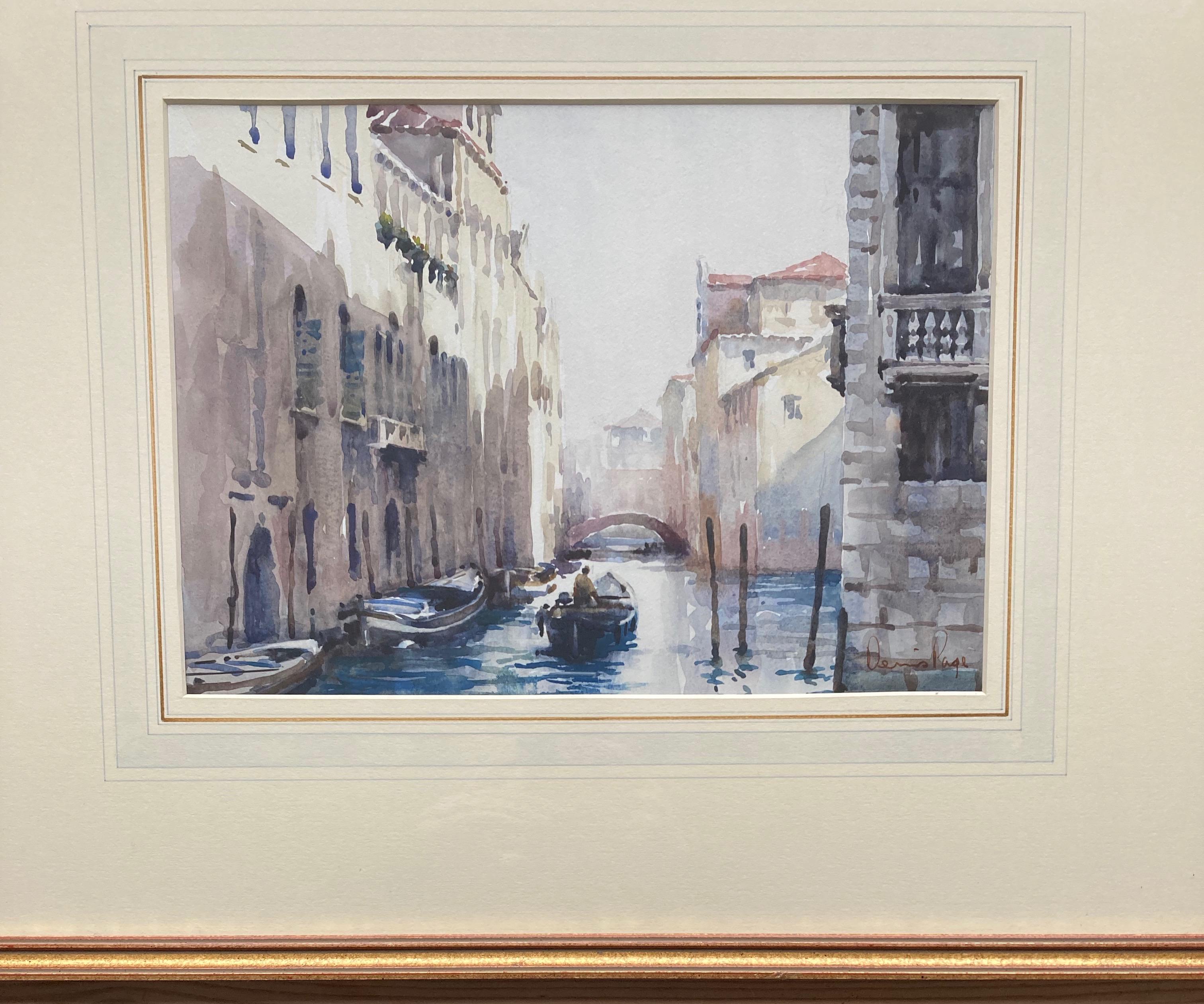 Kanal in Venedig, englisches Aquarell (Grau), Landscape Art, von dennis page
