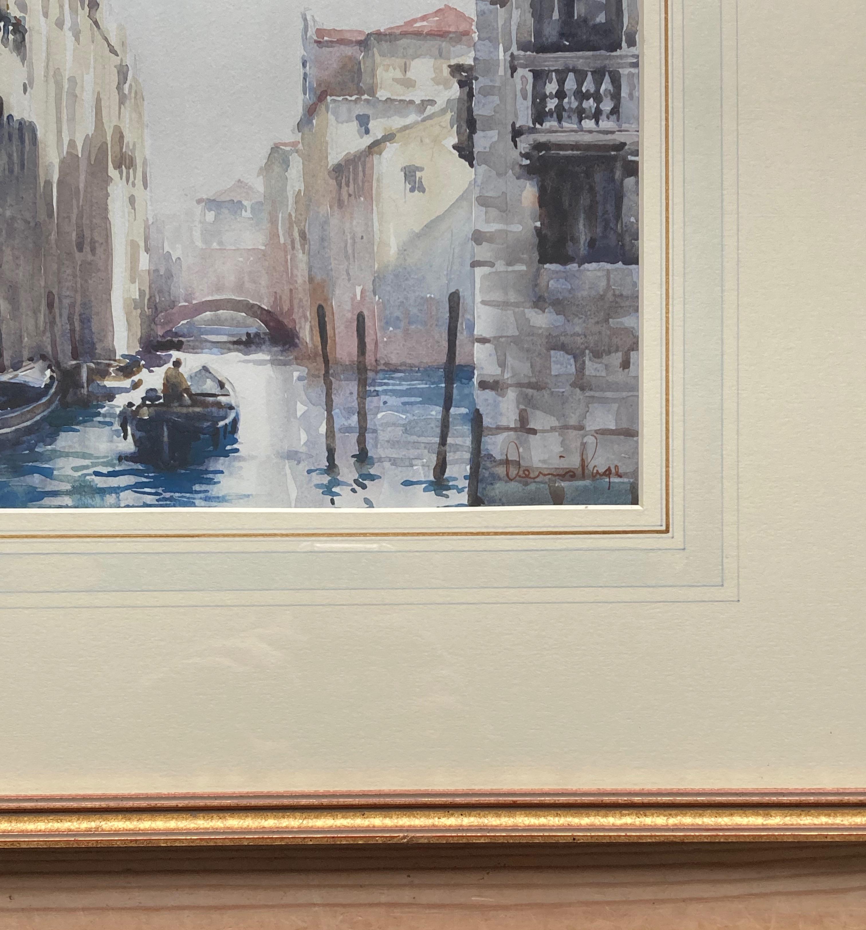 A very atmospheric watercolour capturing the light and shimmer of a Venetian canal. One of two views of Venice by the artist that I am offering  - please see my other listing.

Dennis Page (born 1926)
Venice Balcony
Signed
Watercolour
8½ x 12 inches