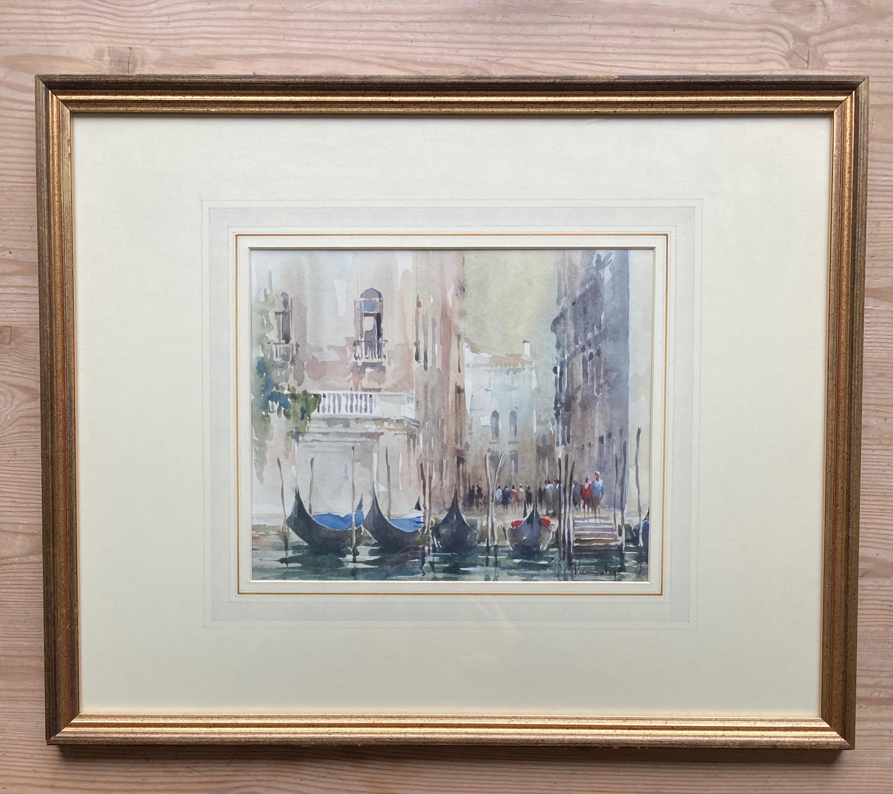 A very atmospheric watercolour capturing the light and shimmer of a Venetian canal. One of two views of Venice by the artist that I am offering  - please see my other listing.

Dennis Page (born 1926)
Gondolas Venice
Signed
Watercolour
8½ x 10½