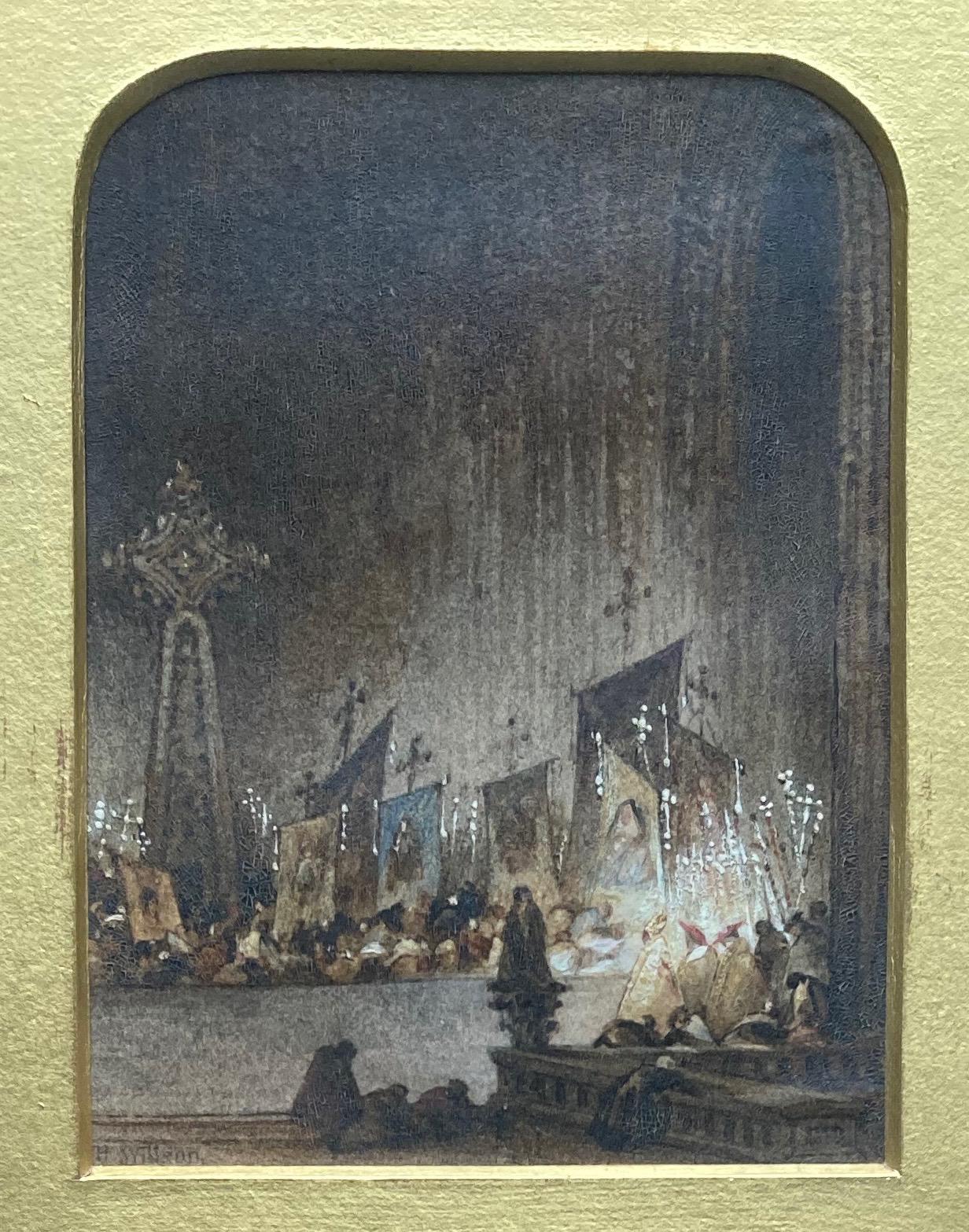 Cercle de David Roberts, aquarelle anglaise du 19e siècle, intérieur de cathédrale