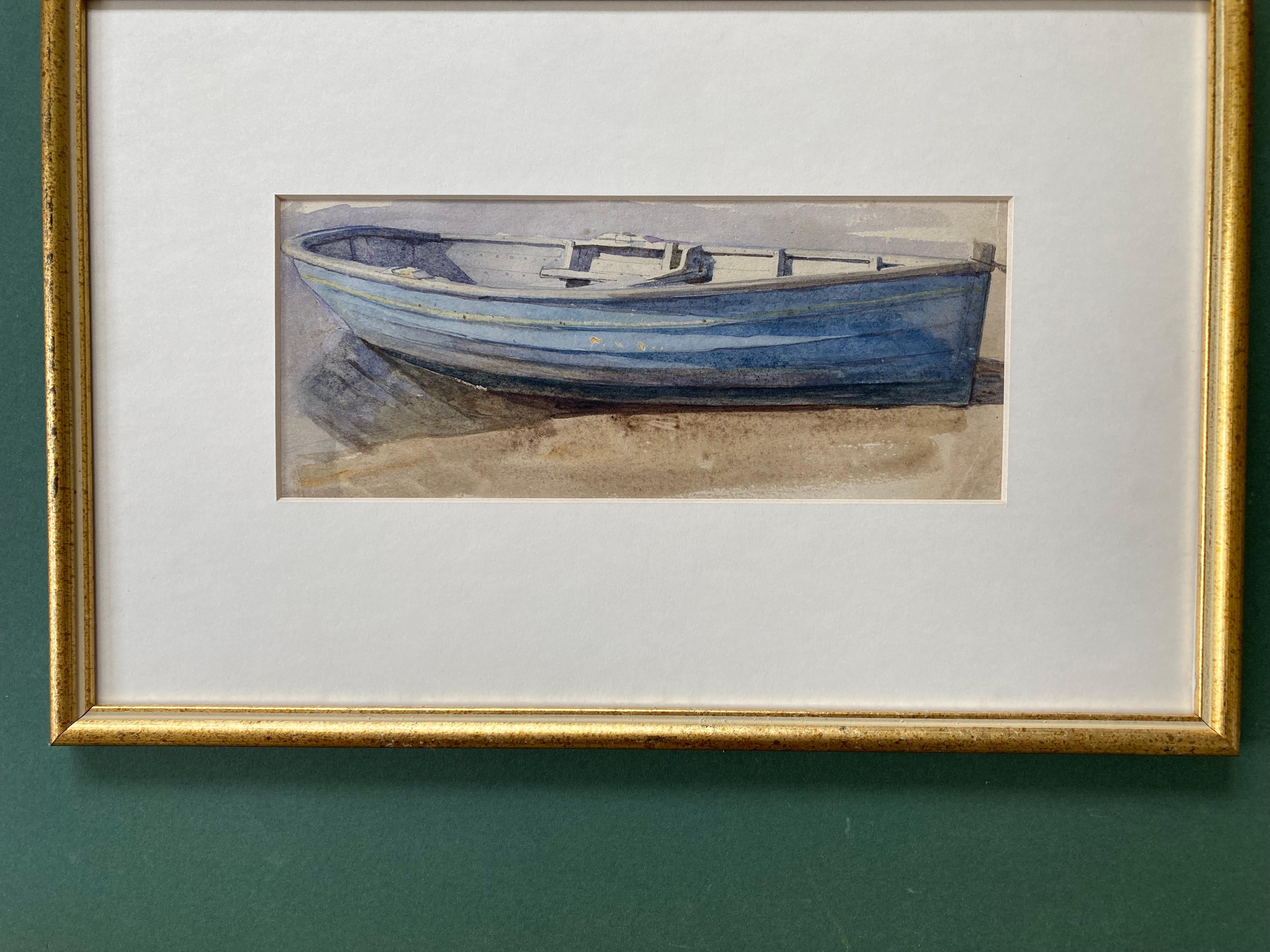Cotman marine watercolor of rowing boat on the beach - Victorian Art by Frederick George Cotman
