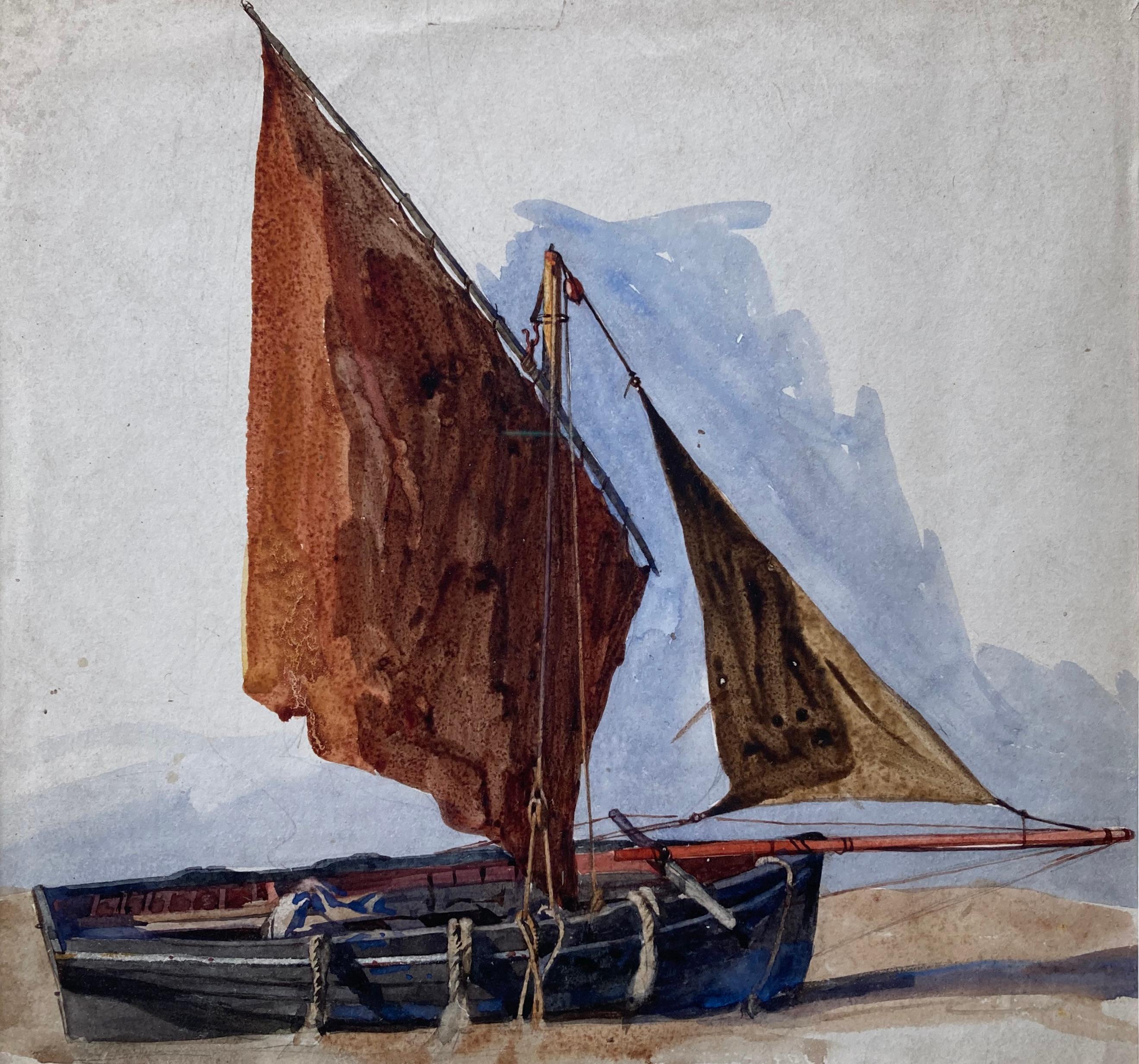 Cotman marine watercolor of sailing boat on the beach - Victorian Art by Frederick George Cotman