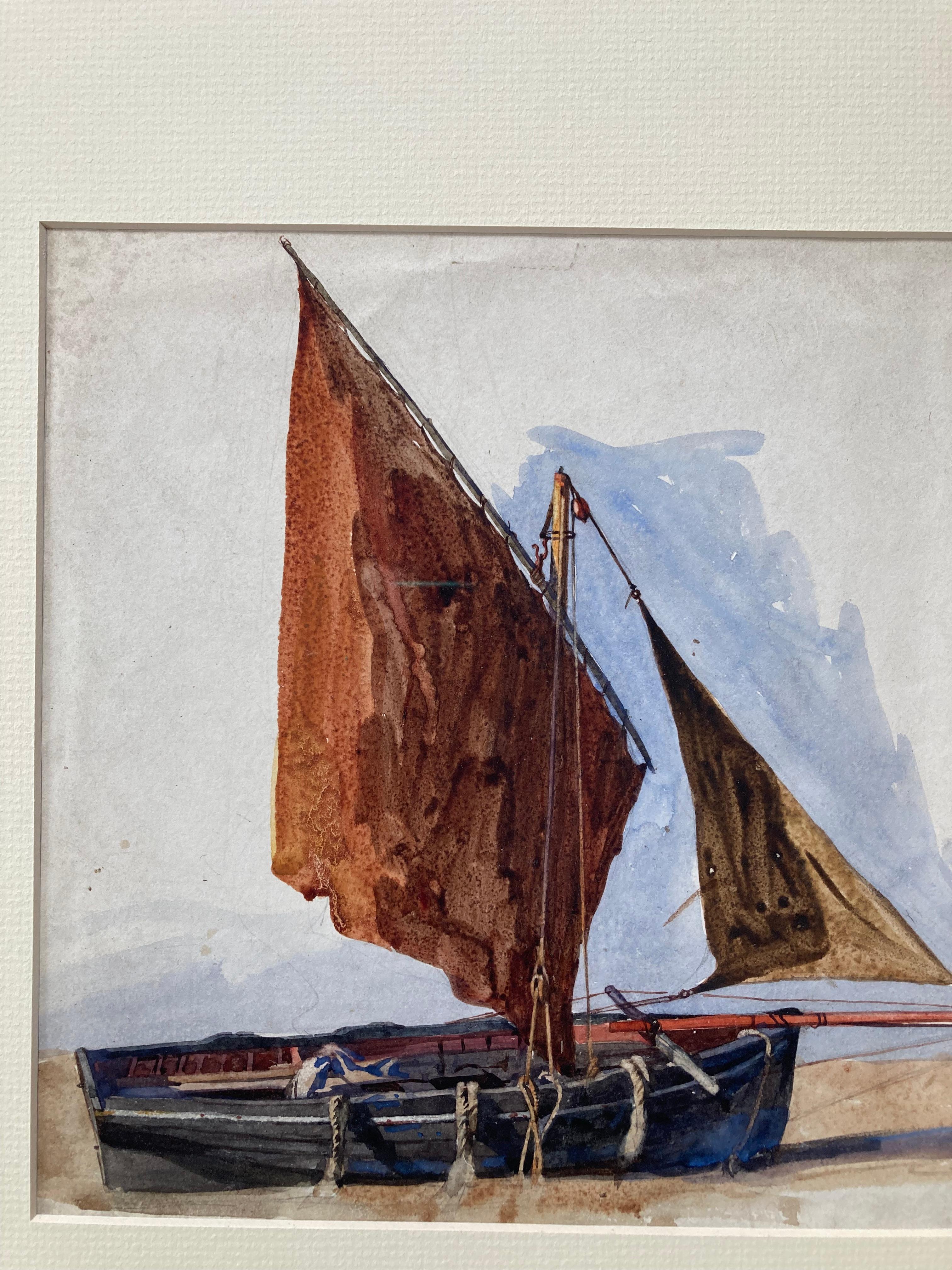 Cotman marine watercolor of sailing boat on the beach 2
