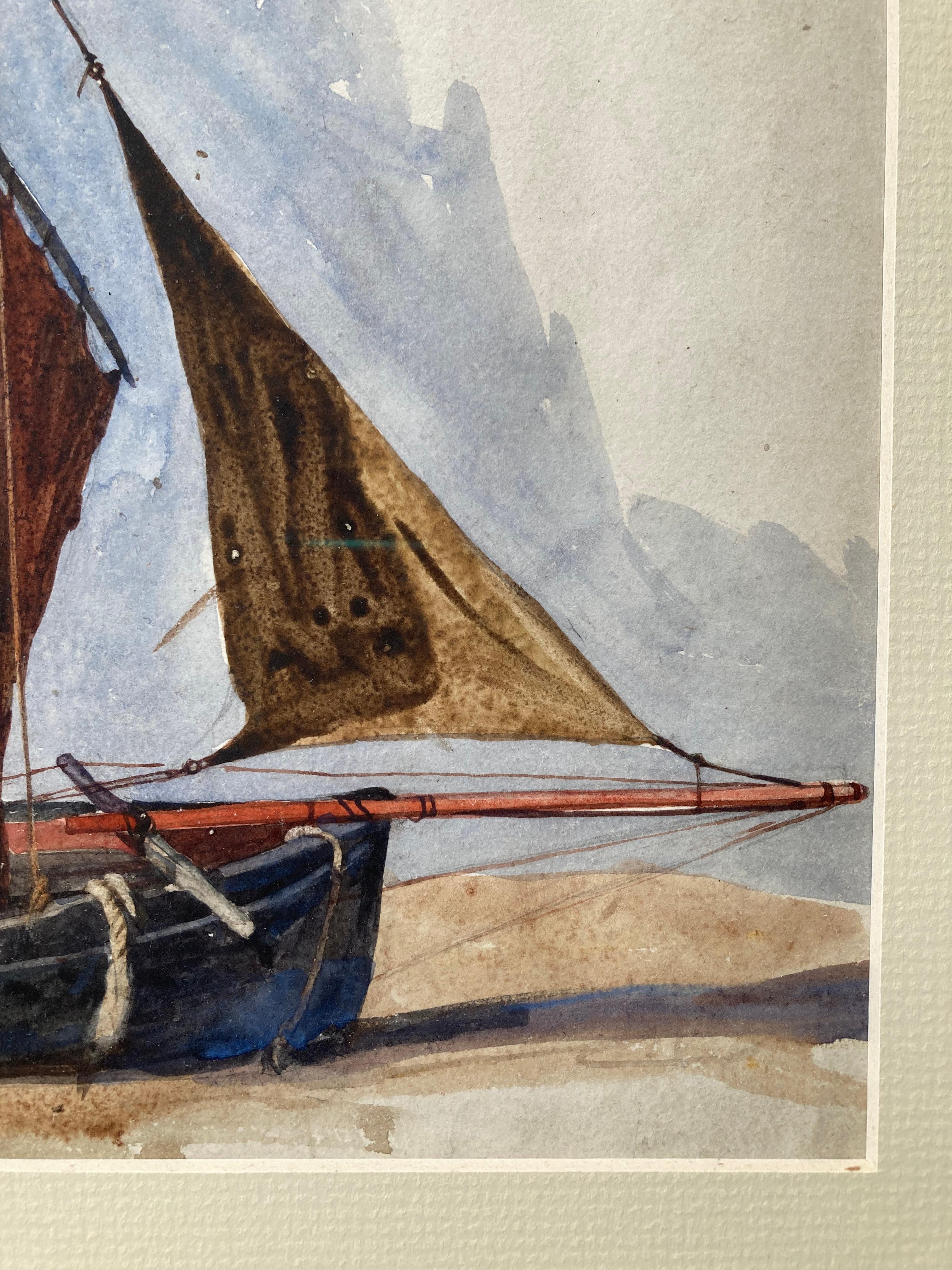 Cotman marine watercolor of sailing boat on the beach 1