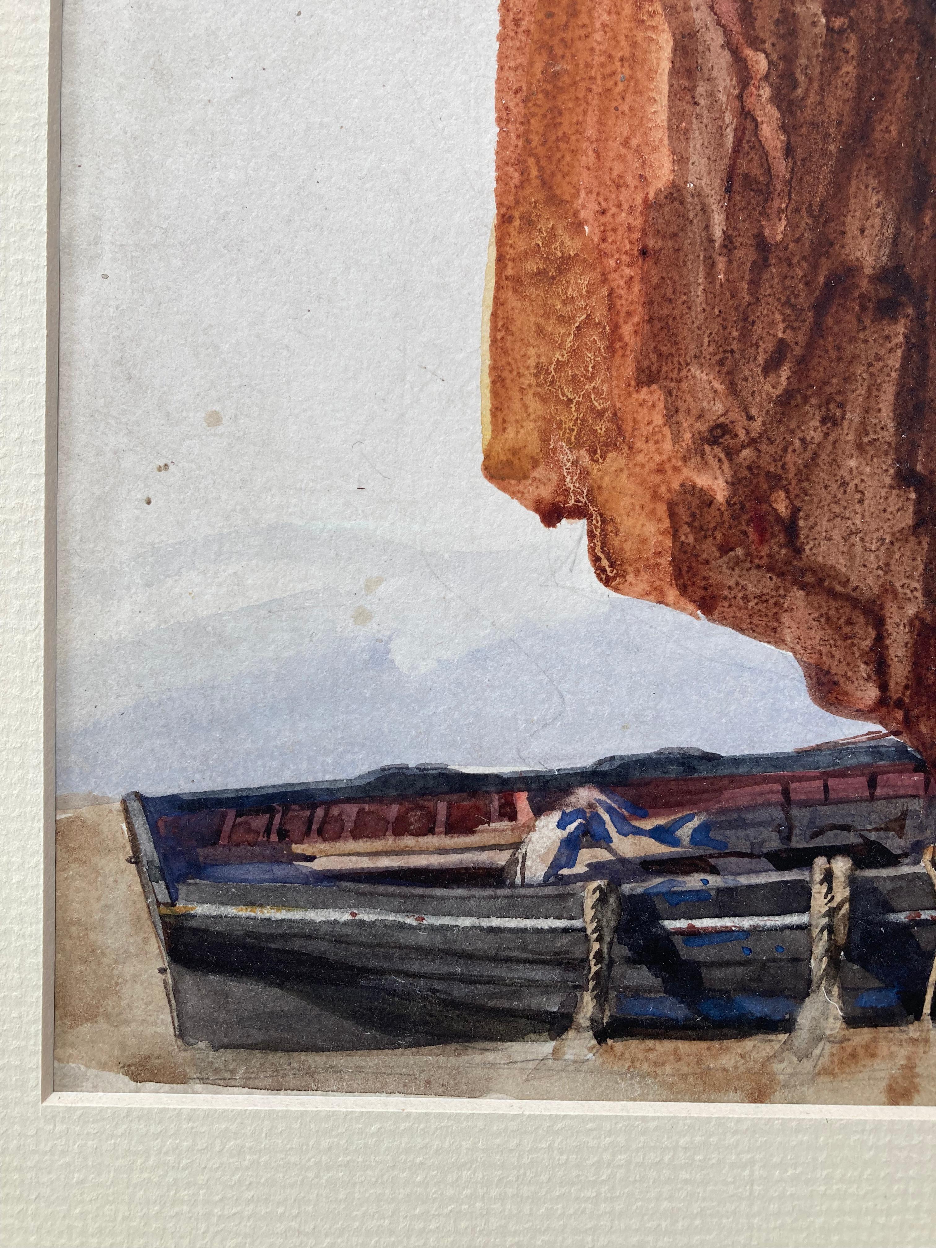 Cotman marine watercolor of sailing boat on the beach - Victorian Art by Frederick George Cotman