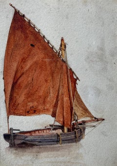 Cotman marine watercolor of sailing boat on the beach