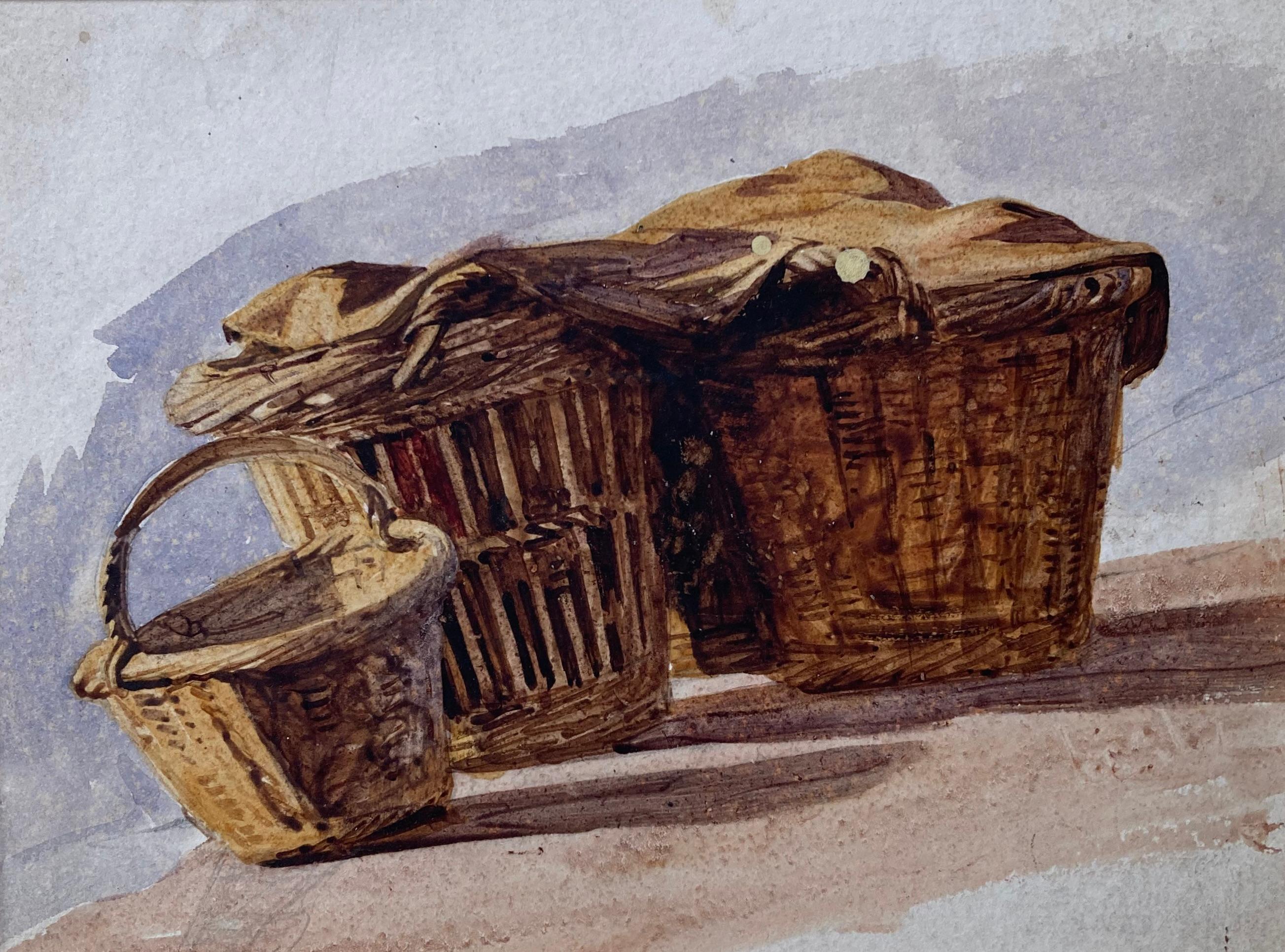 Frederick George Cotman Landscape Art - Cotman marine watercolor of fishermen's baskets on the beach