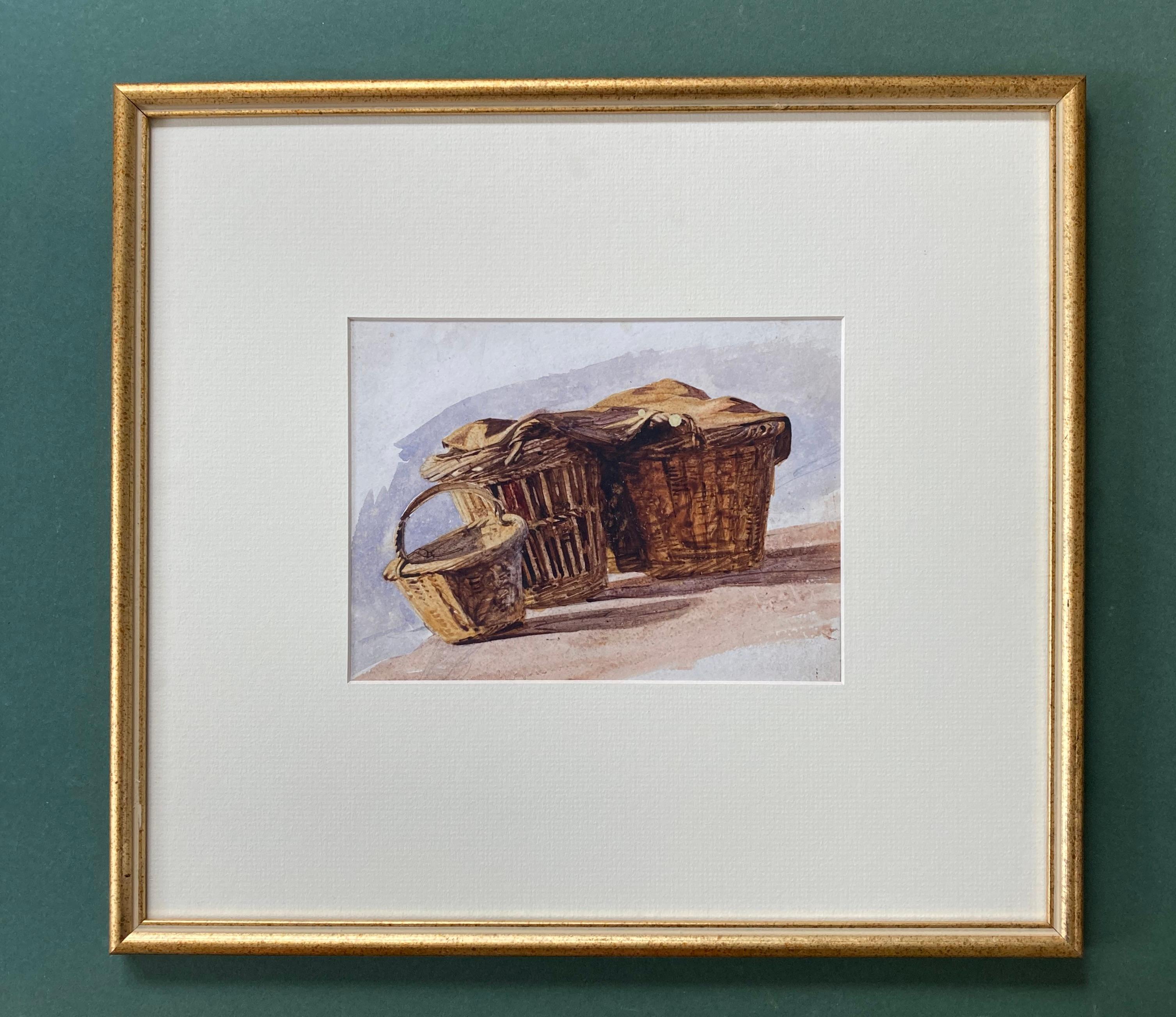 Cotman marine watercolor of fishermen's baskets on the beach - Art by Frederick George Cotman