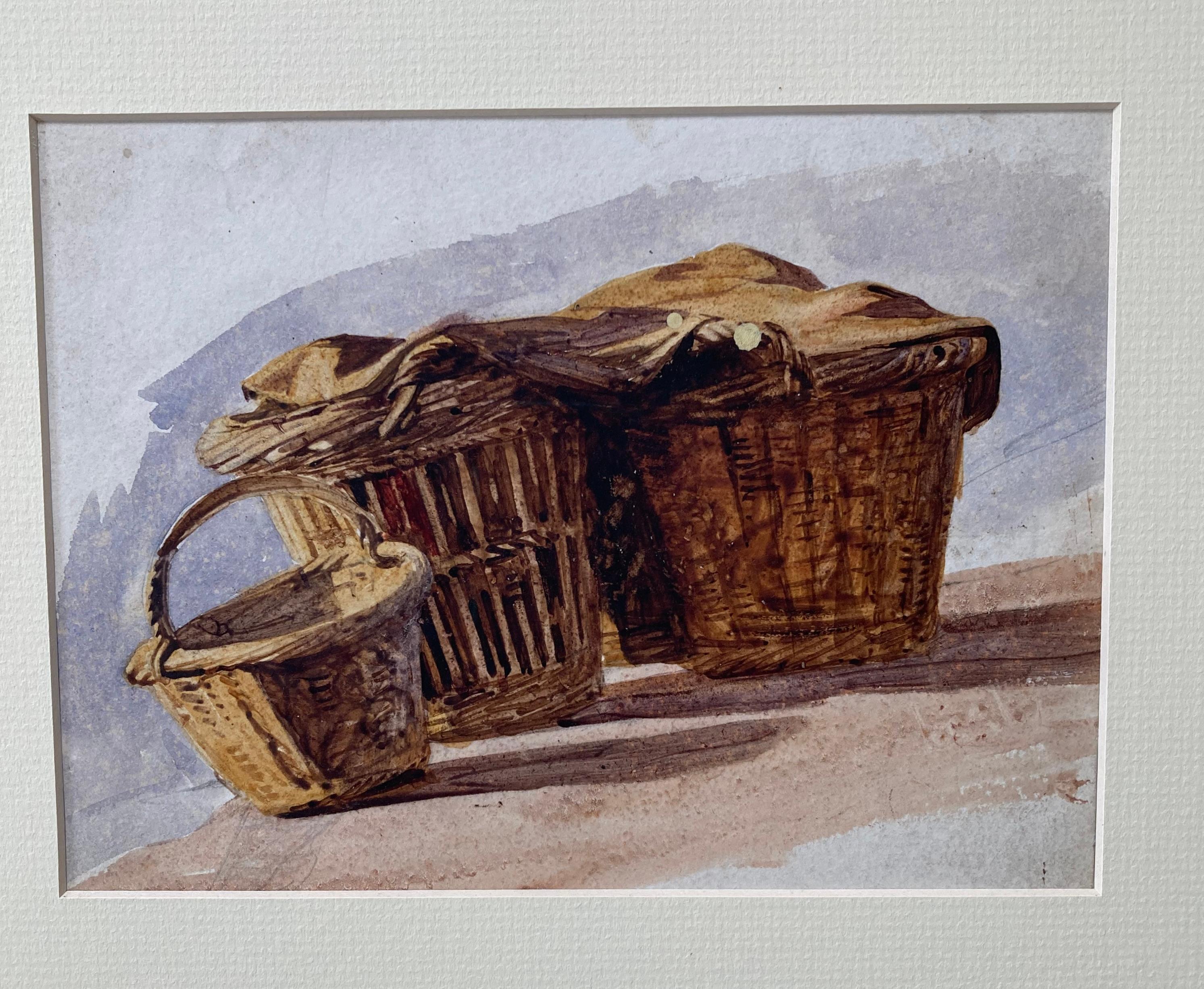 Cotman marine watercolor of fishermen's baskets on the beach - Gray Landscape Art by Frederick George Cotman