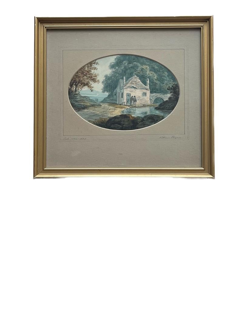 Une composition délicieuse de ce maître aquarelliste.

William Payne (1760-1830)
Des personnages chantent près d'un chalet et d'un ruisseau, une embouchure de rivière au-delà.
Aquarelle et touches de fusain
5½ x 8 pouces, ovale, sans le cadre
12 x13