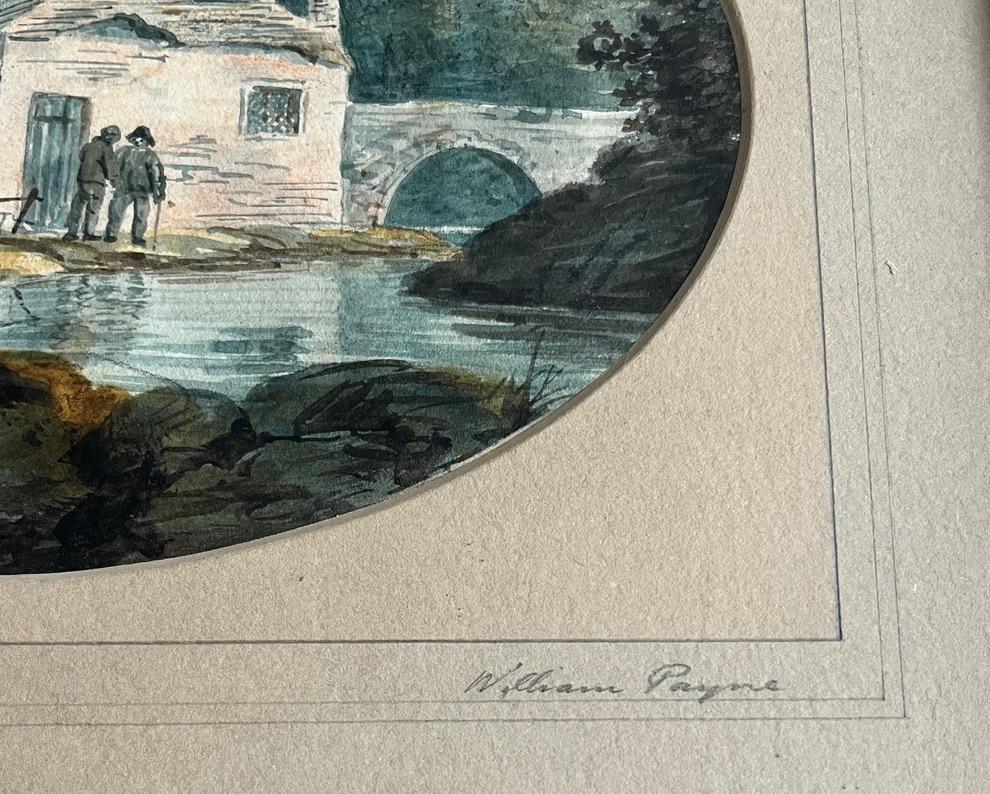 Early English watercolour, Figures chatting by a cottage near a river 1