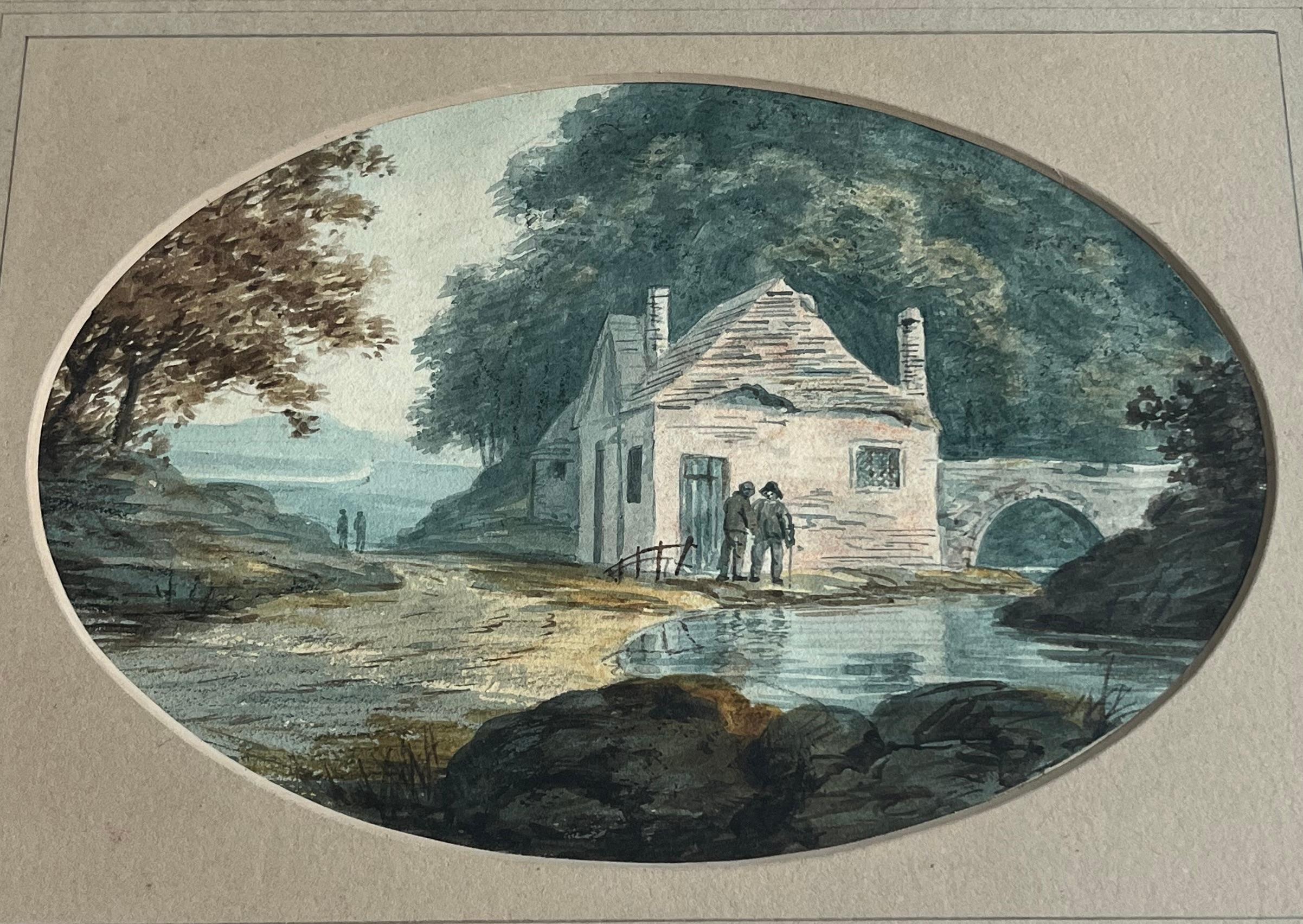 Early English watercolour, Figures chatting by a cottage near a river - English School Art by William Payne