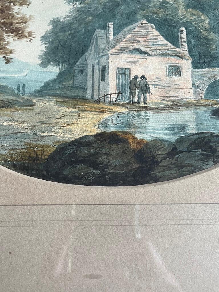 Early English watercolour, Figures chatting by a cottage near a river 5