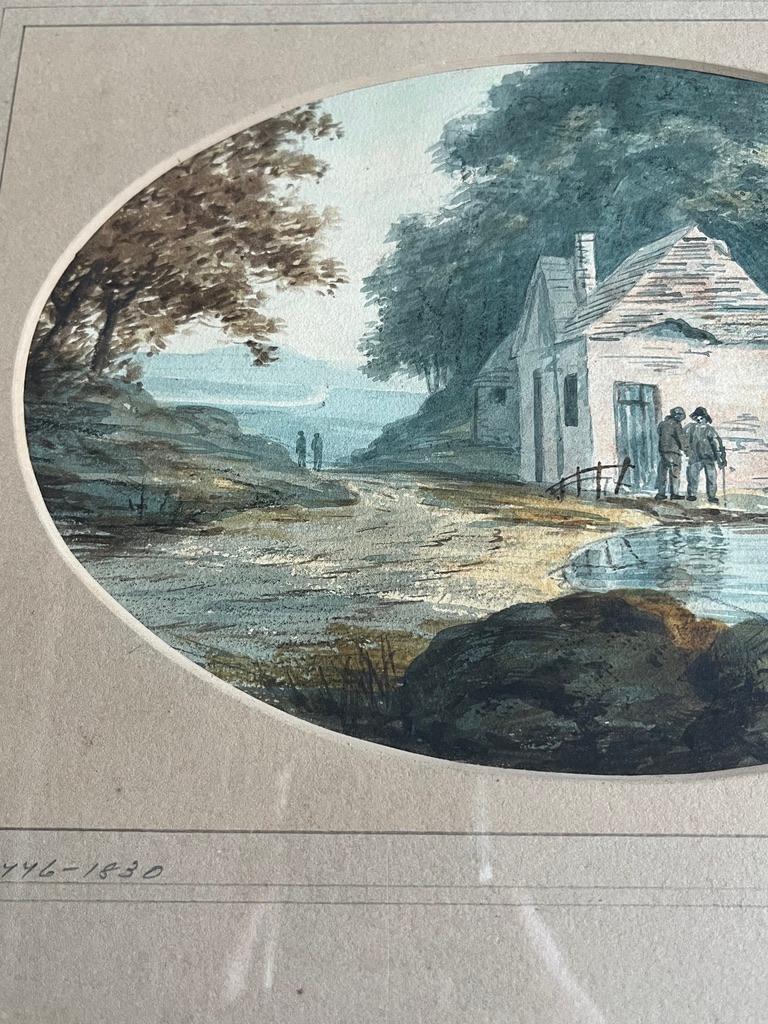 Early English watercolour, Figures chatting by a cottage near a river For Sale 4