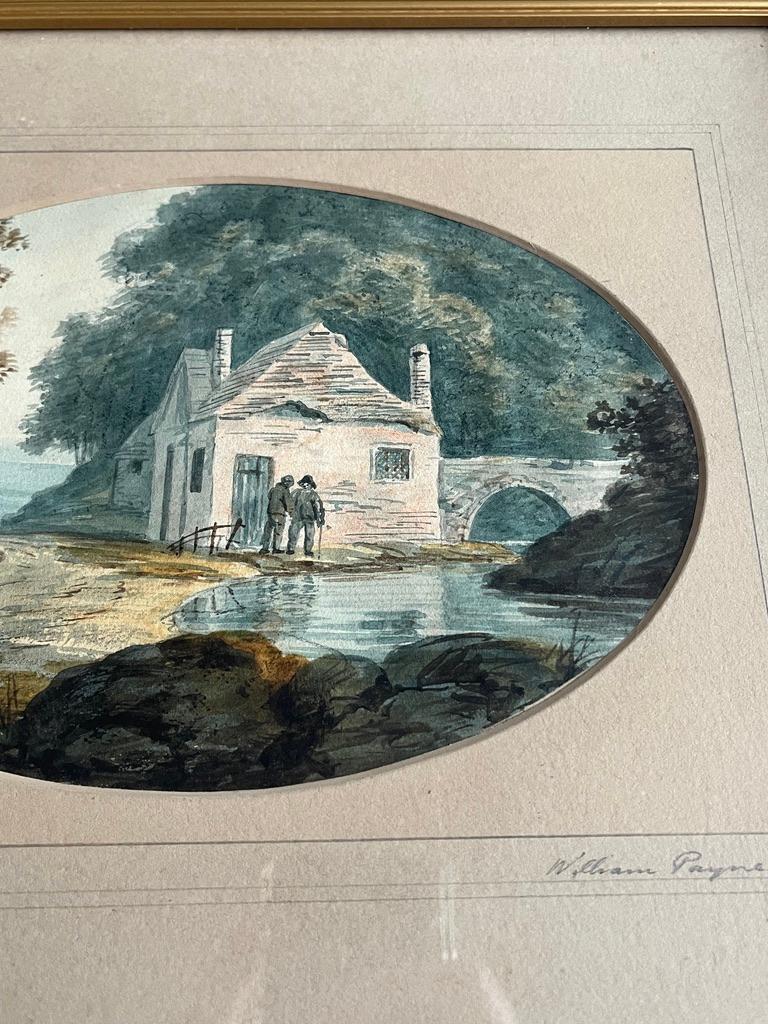 Early English watercolour, Figures chatting by a cottage near a river 3
