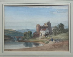 English School watercolour, A figure by a Scottish castle and loch
