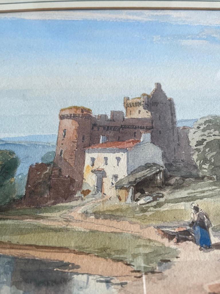 English School watercolour, A figure by a Scottish castle and loch For Sale 1