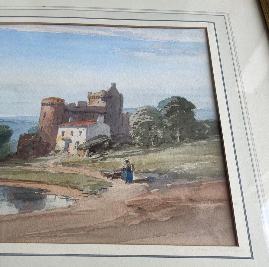 English School watercolour, A figure by a Scottish castle and loch For Sale 3