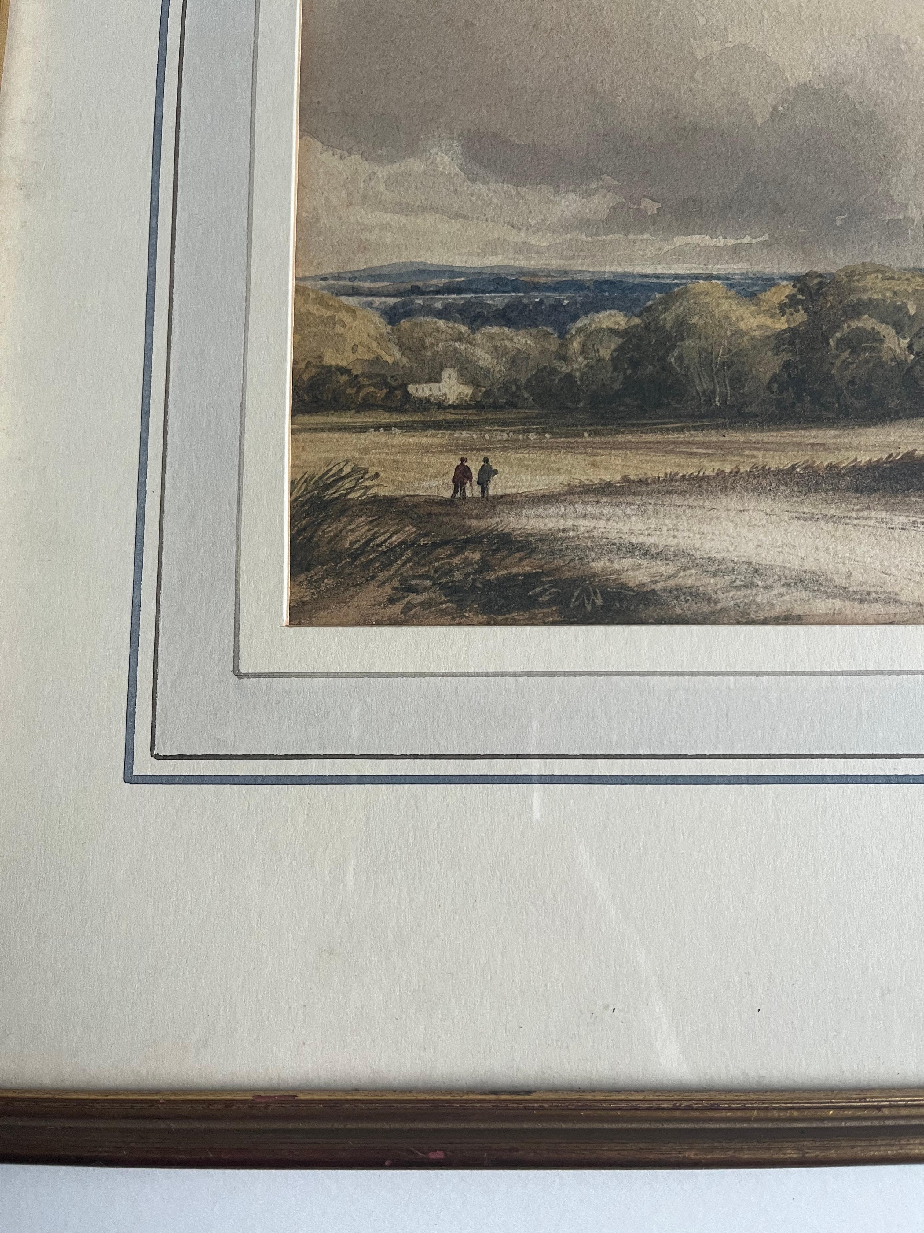 English School watercolour, Figures on a country track with a castle beyond For Sale 5