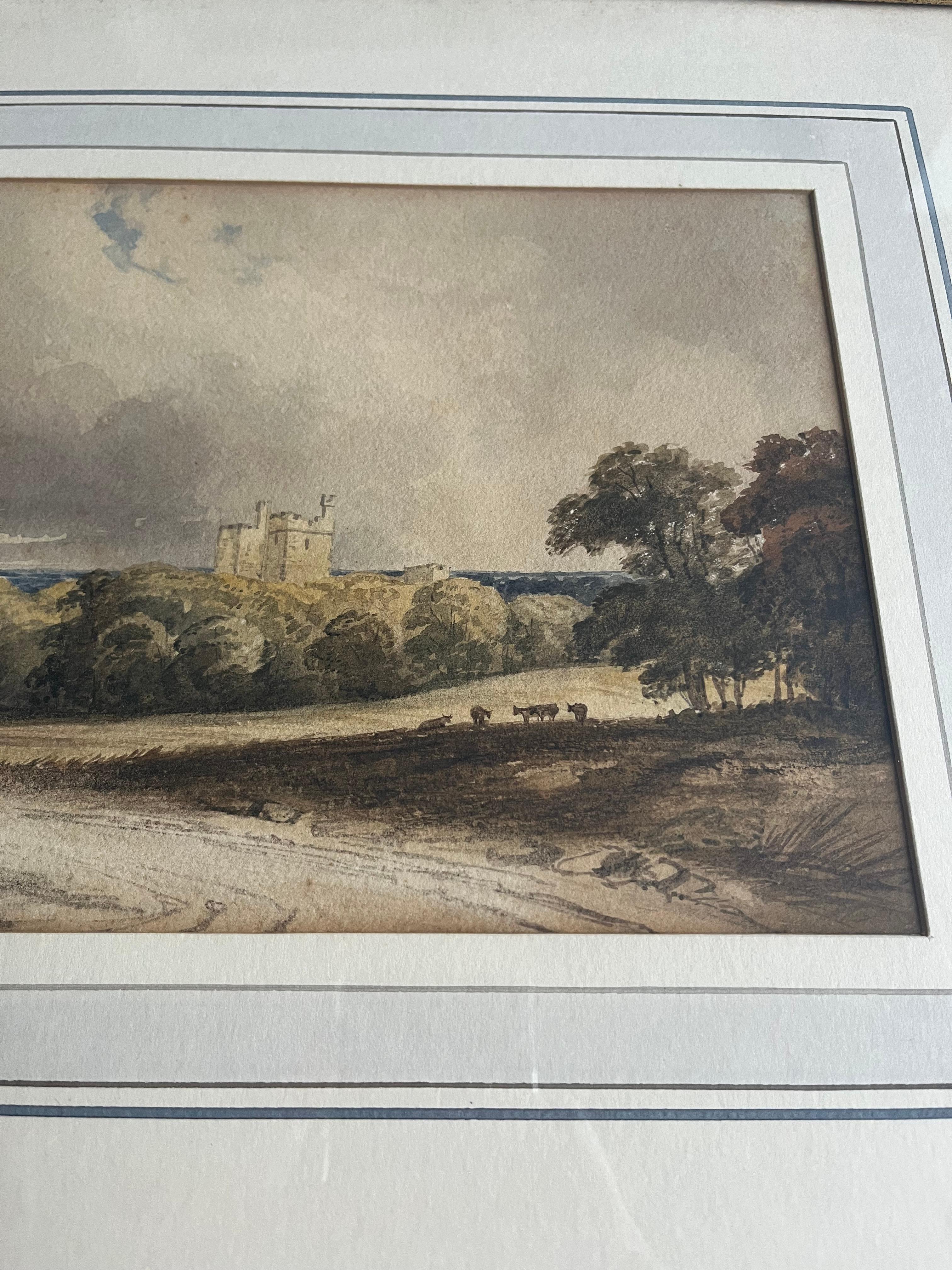 English School watercolour, Figures on a country track with a castle beyond For Sale 6