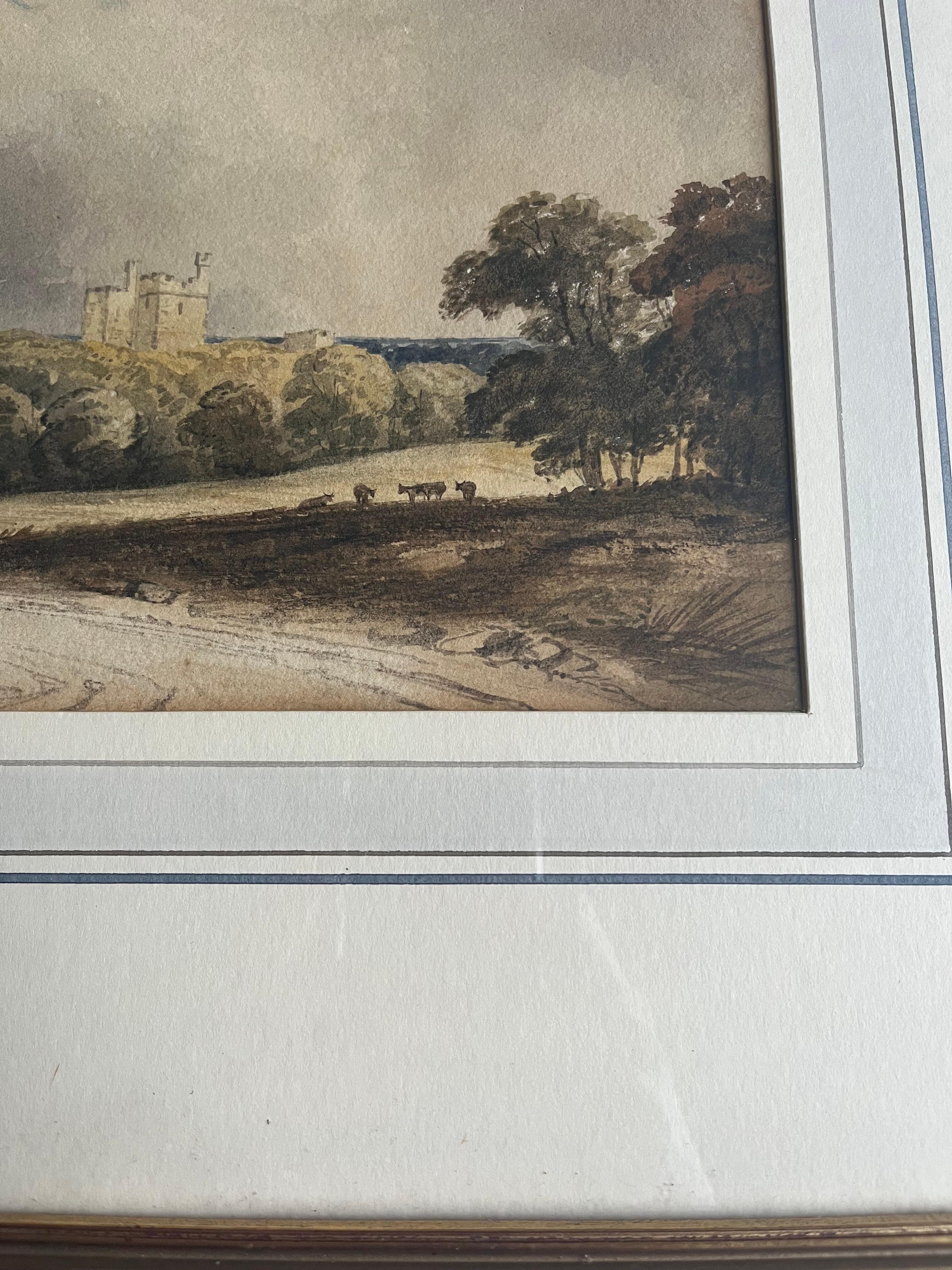 English School watercolour, Figures on a country track with a castle beyond For Sale 3