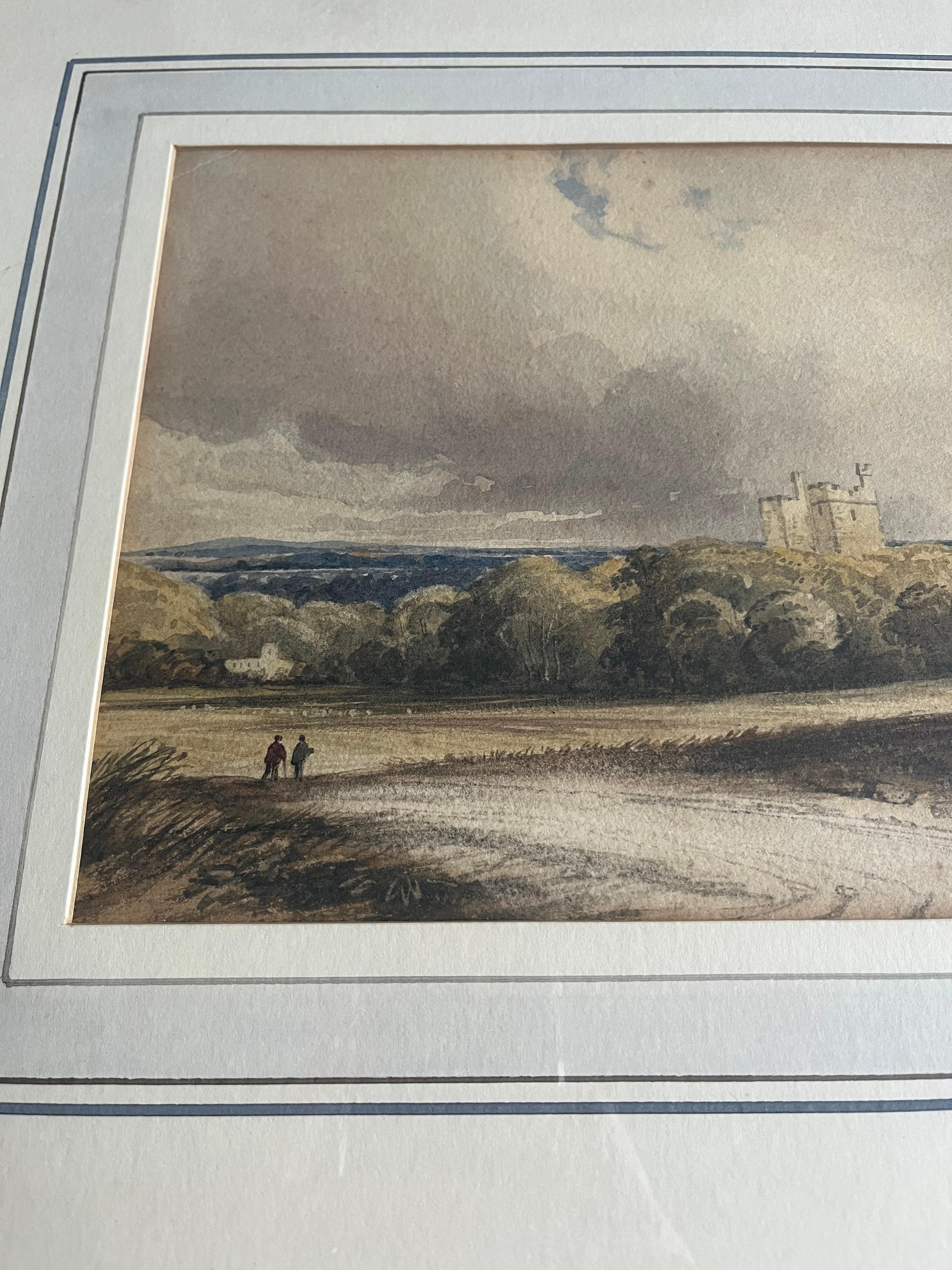 Une belle scène rurale avec des personnages marchant sur un chemin de campagne, s'arrêtant un instant pour discuter et regarder vers le château dans les bois.

Cercle de William Leighton Leitch (1804-1883)
Figures sur une piste avec un château