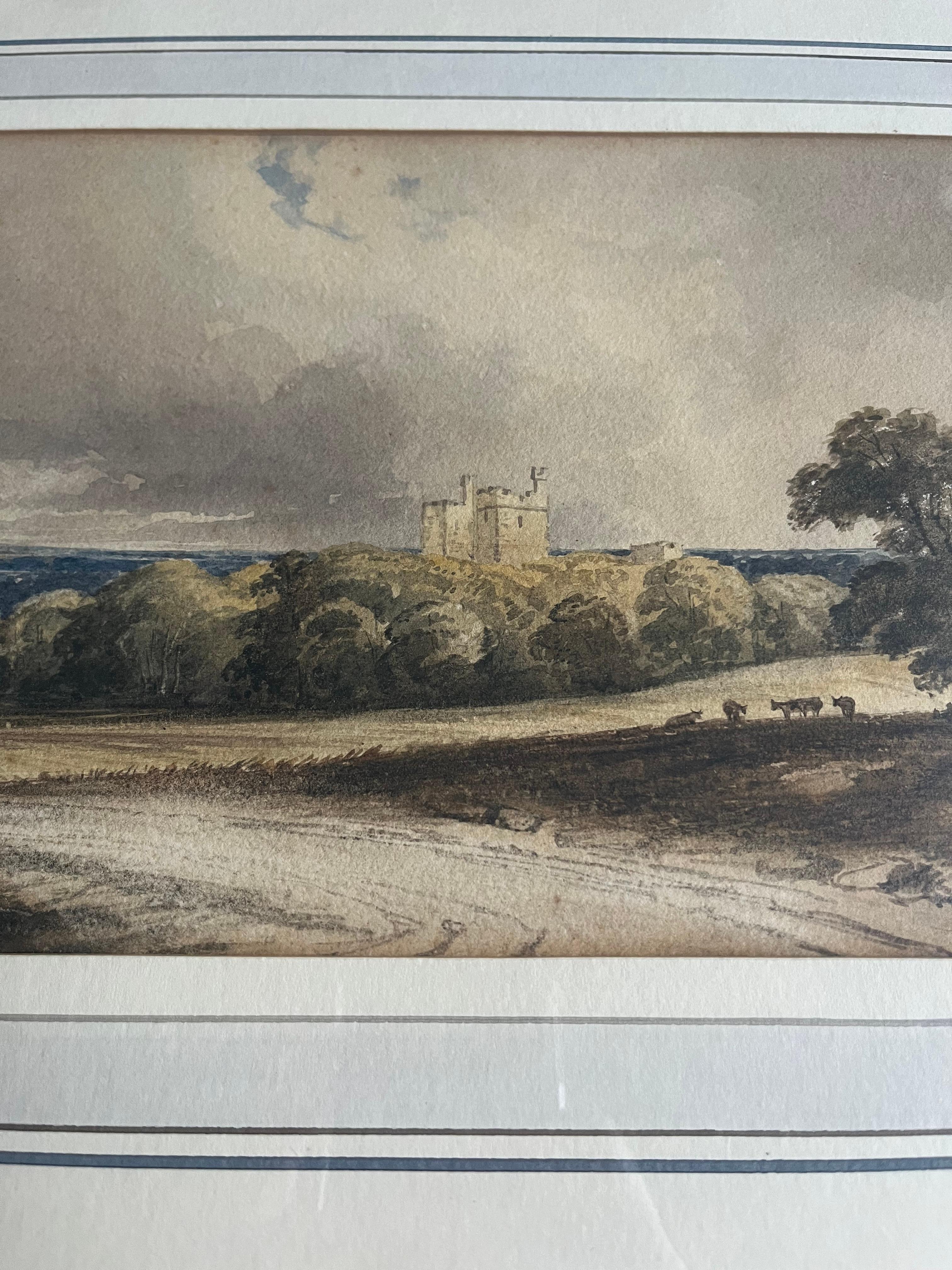 English School watercolour, Figures on a country track with a castle beyond For Sale 2