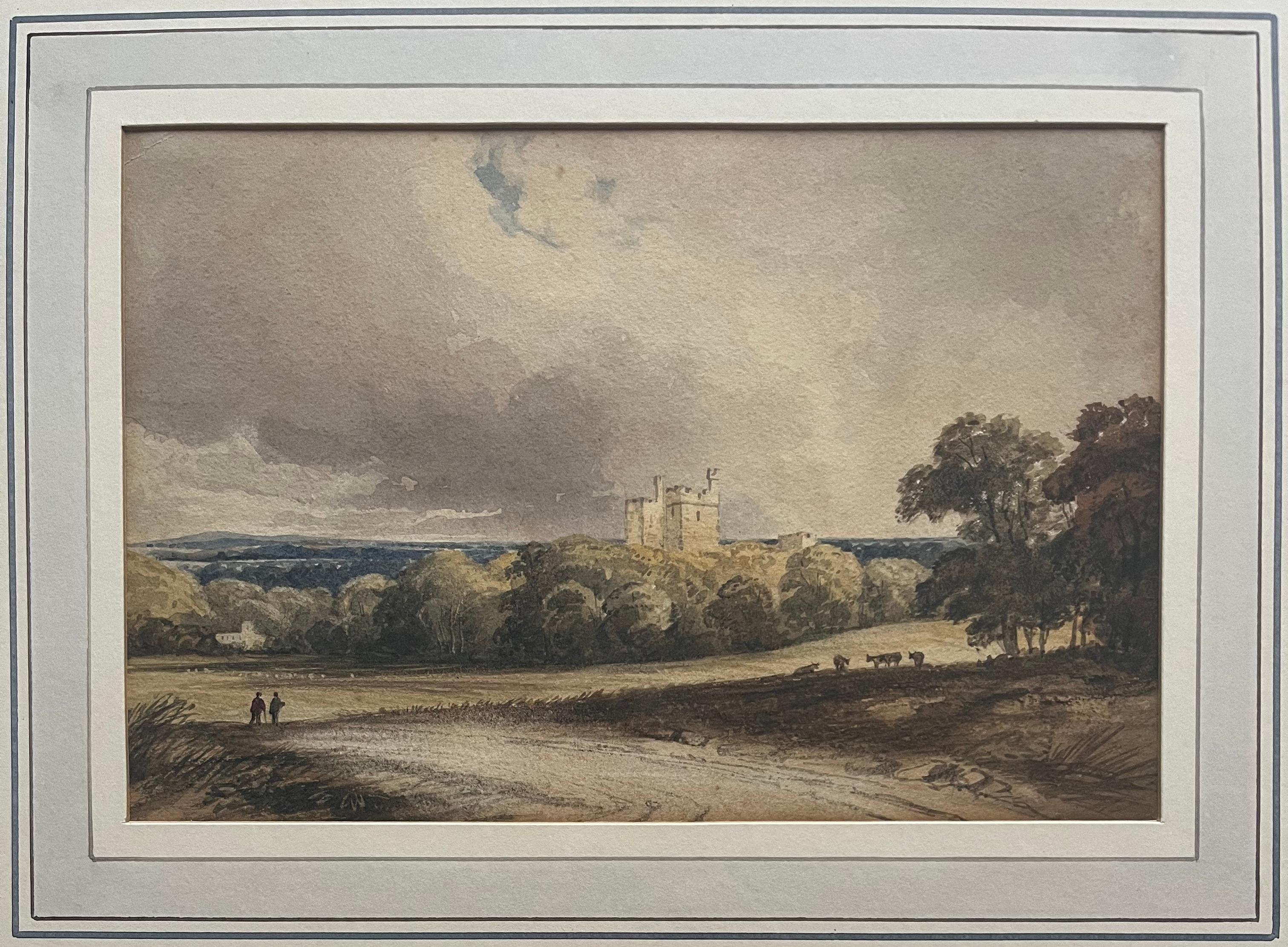 Landscape Art William Leighton Leitch - Aquarelle de l'English School, personnages sur un chemin de campagne avec un château au-delà