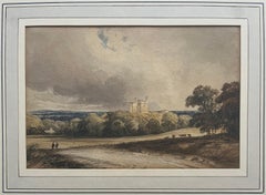 Antique English School watercolour, Figures on a country track with a castle beyond