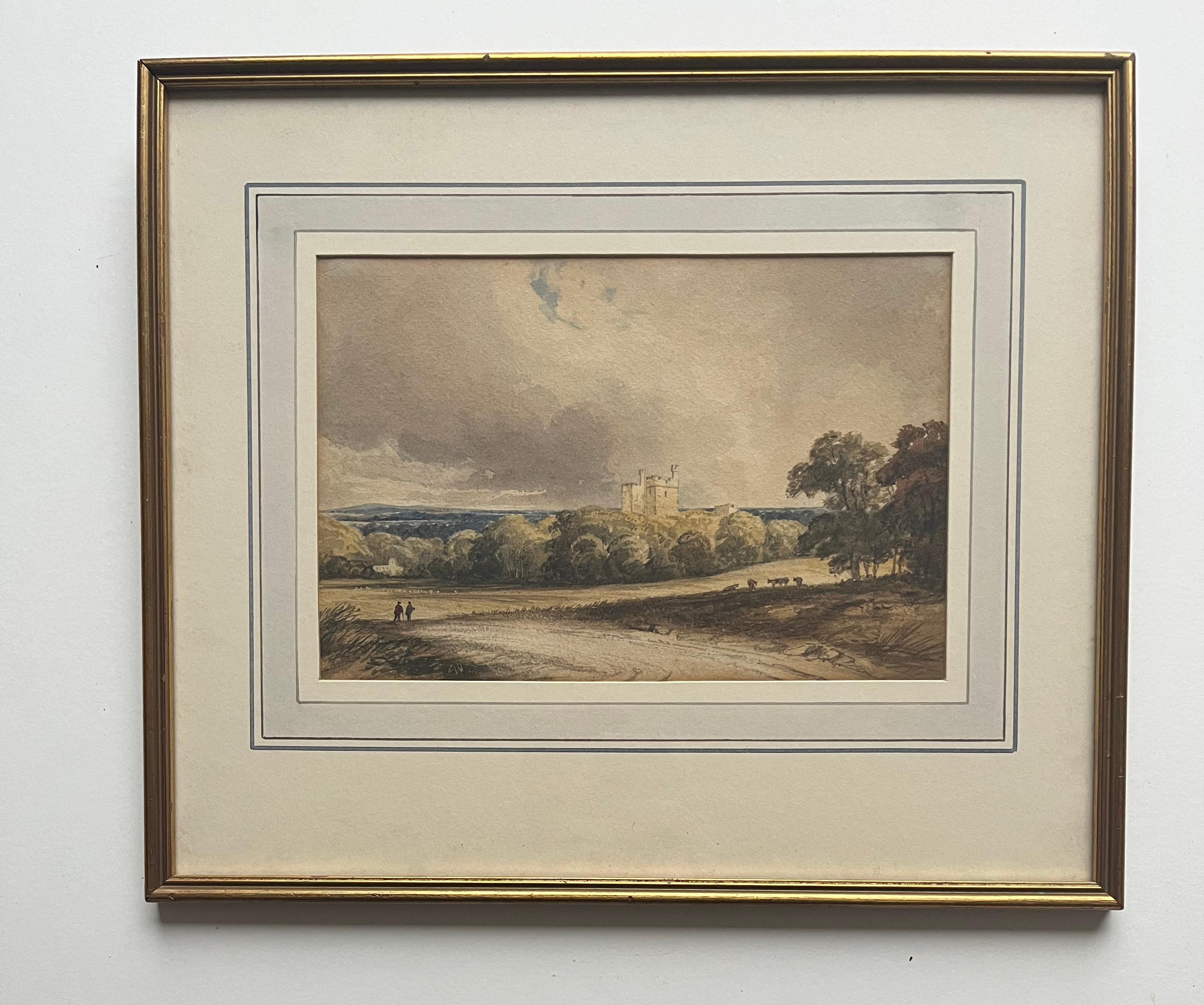 English School watercolour, Figures on a country track with a castle beyond For Sale 4