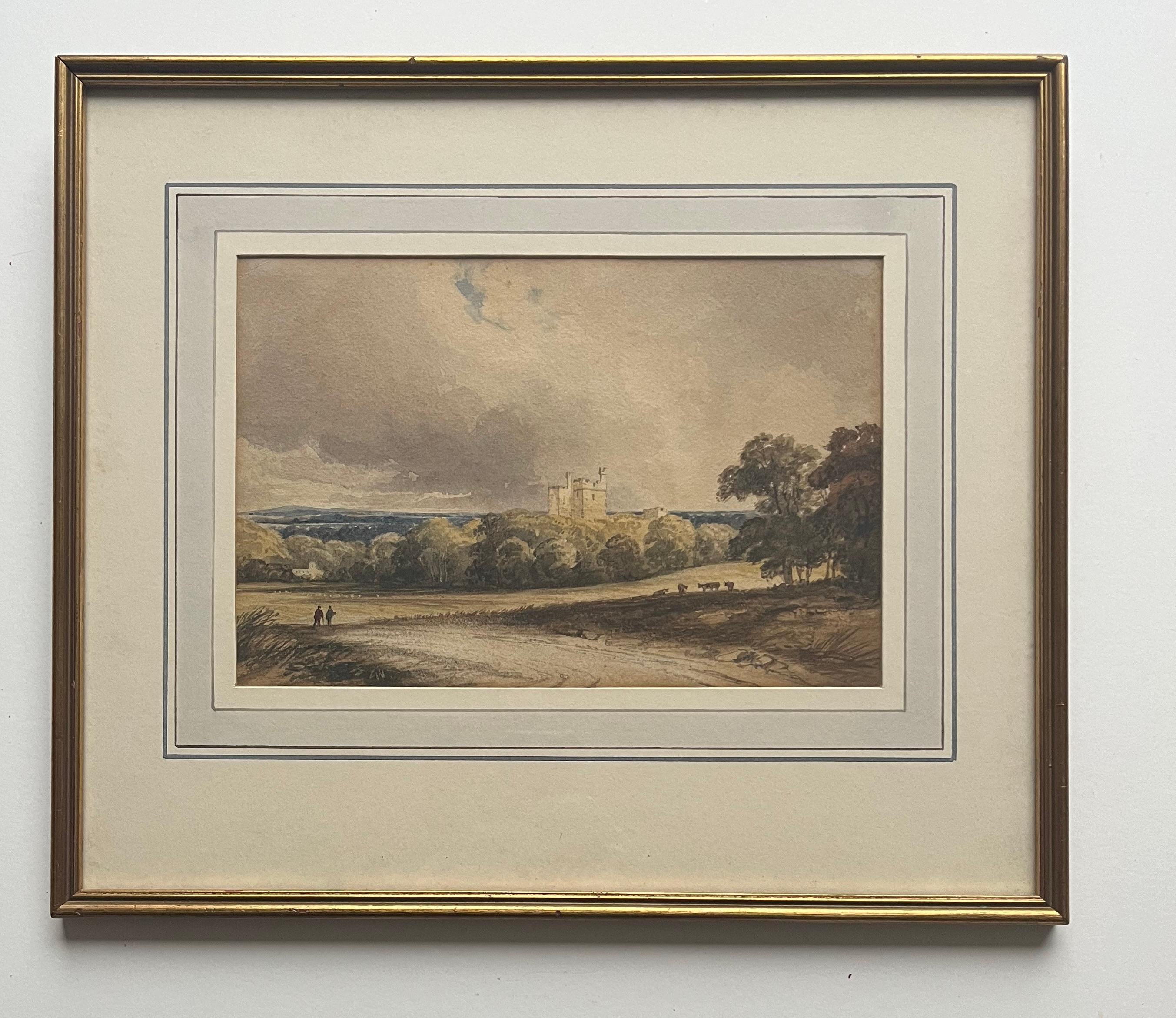 English School Aquarell, Figuren auf einem Feldweg mit einer Burg dahinter im Angebot 6