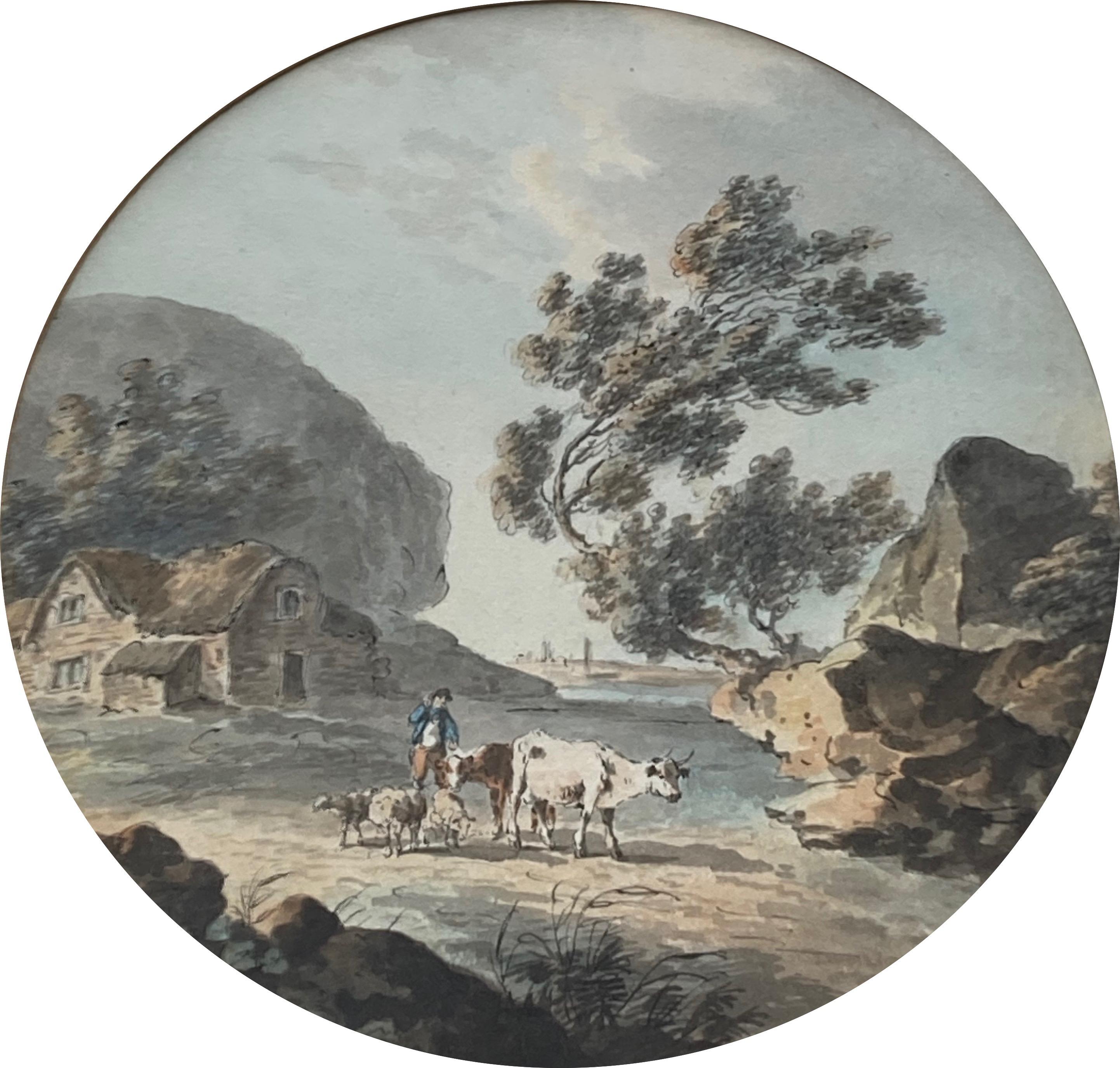 Figurative Art William Payne - Aquarelle anglaise ancienne, Figures et bétail par une rivière