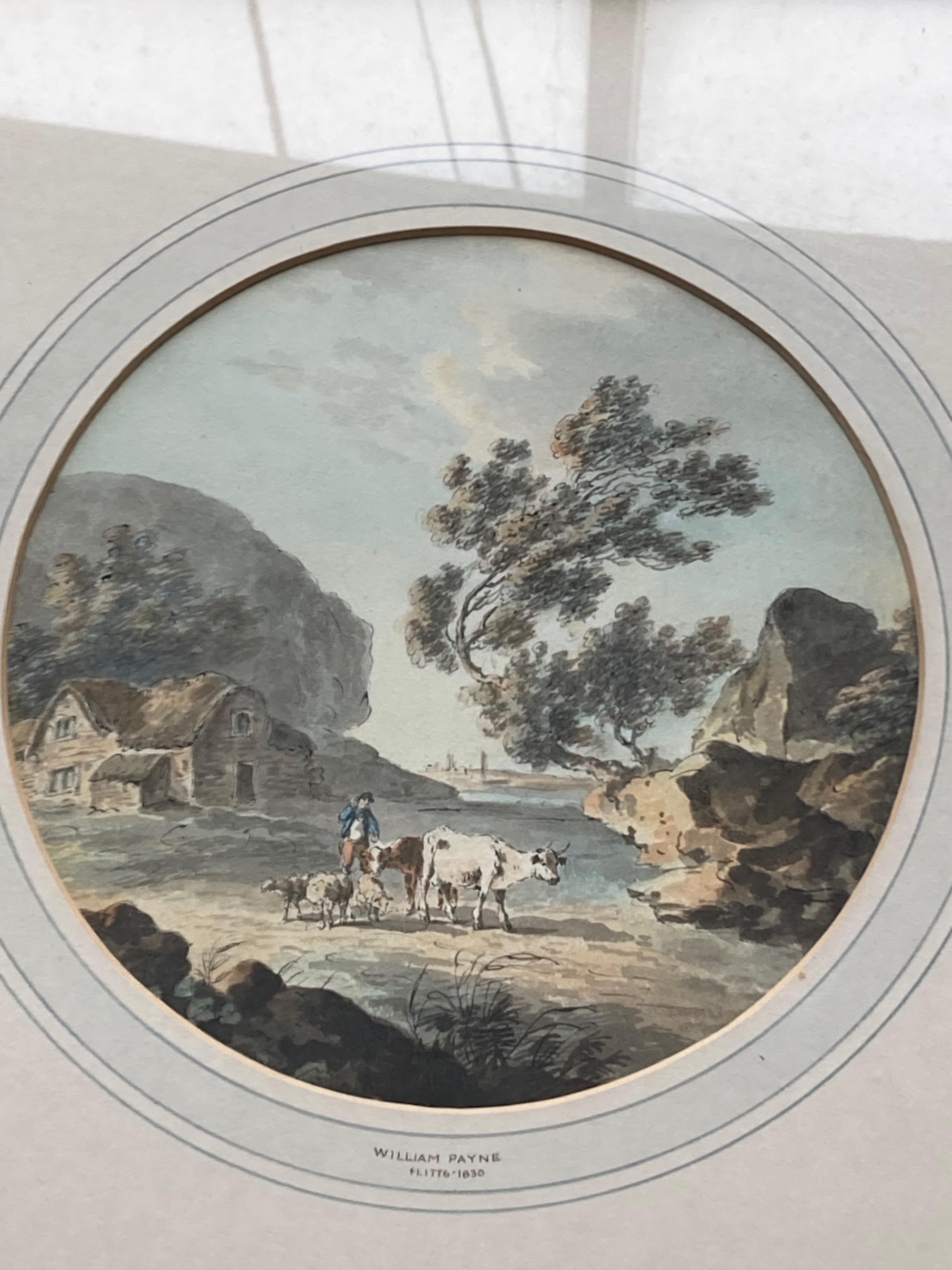 A delightful composition by this master watercolourist.

William Payne (1760-1830)
Figures and cattle by a river
Watercolour
7¾ inches, circular, unframed
15 x 14½ inches with the frame

Provenance: Leger Galleries, Old and Modern Masters, July