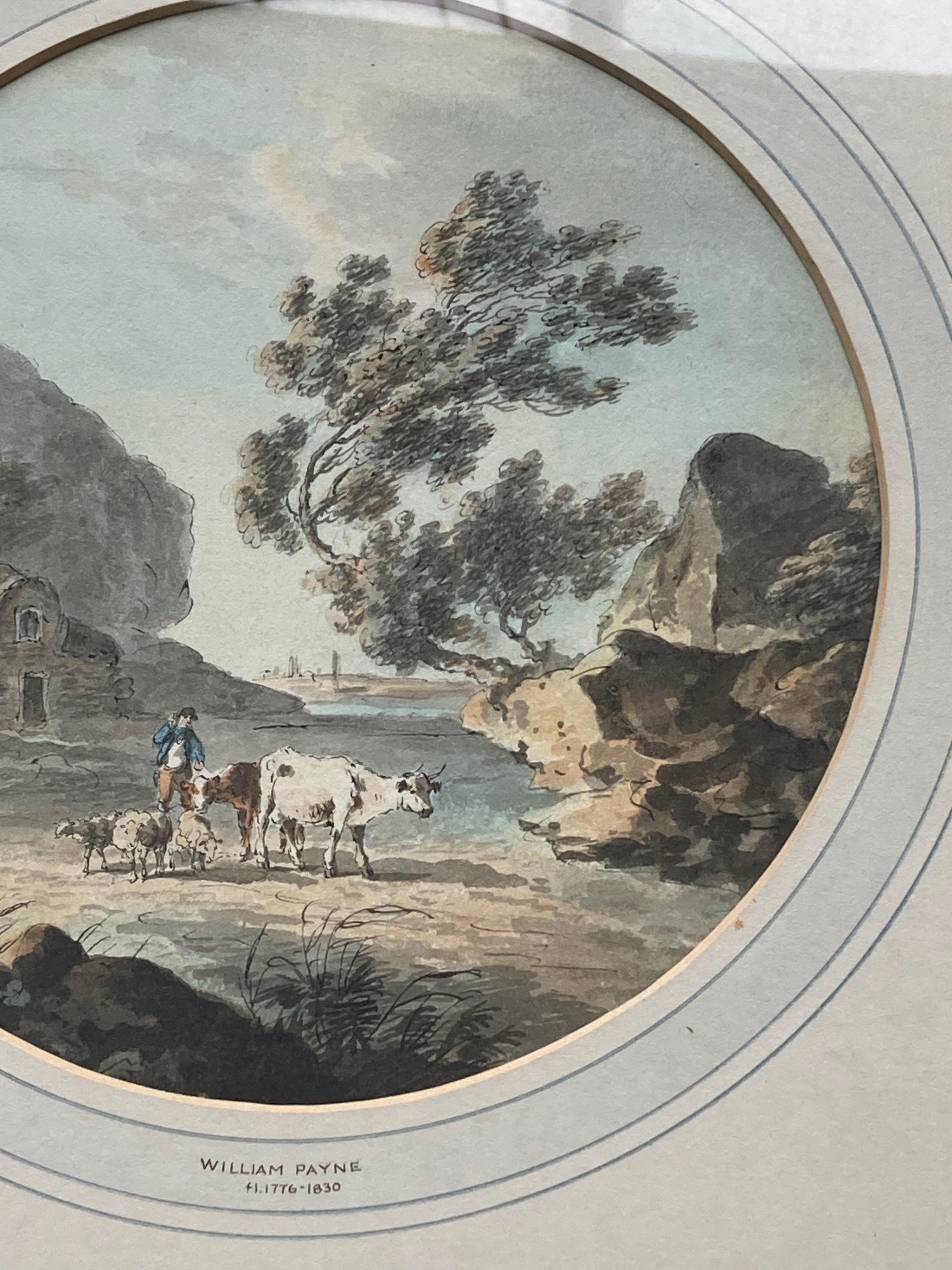 Aquarelle anglaise ancienne, Figures et bétail par une rivière en vente 2