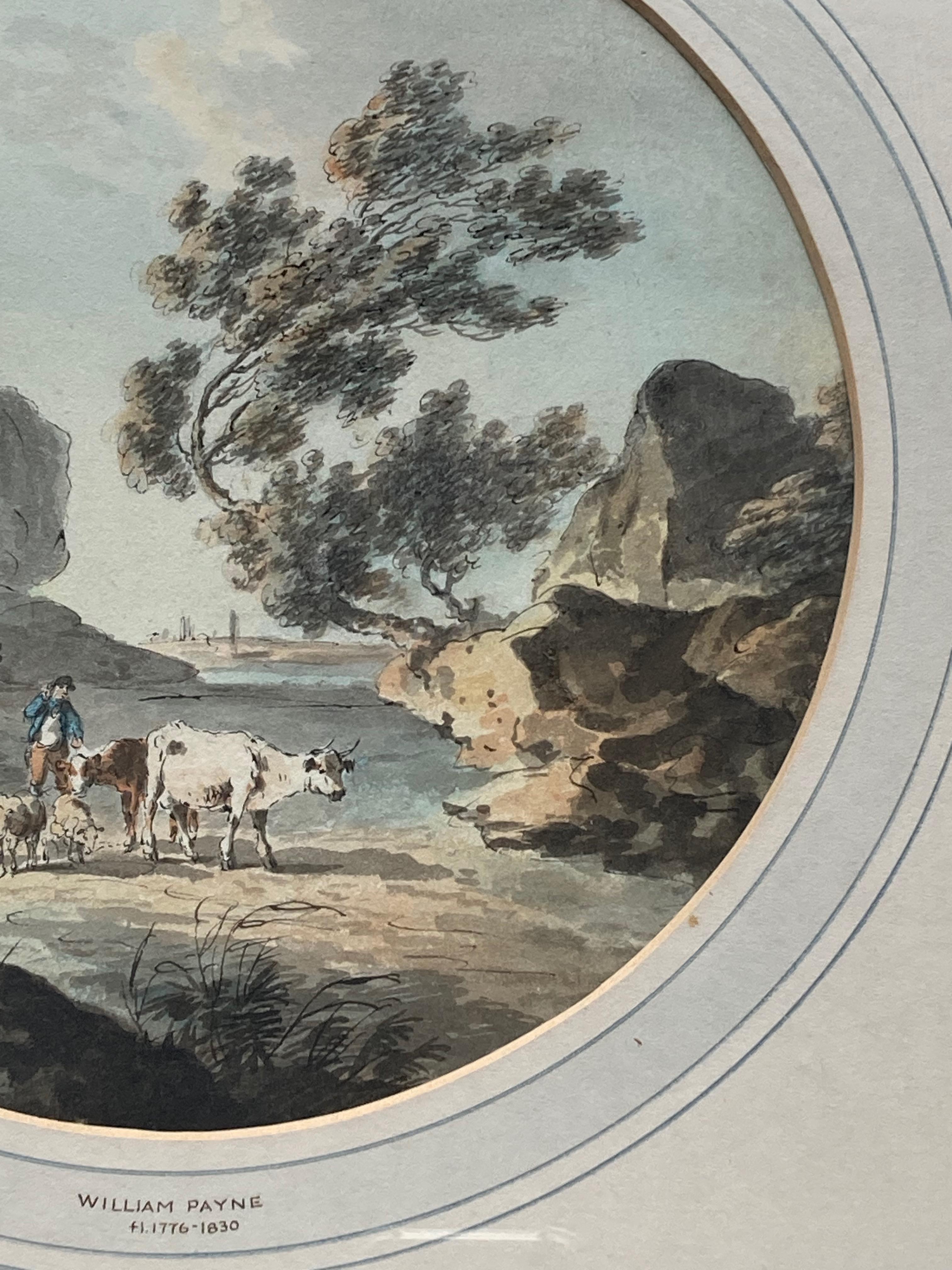 Aquarelle anglaise ancienne, Figures et bétail par une rivière en vente 8