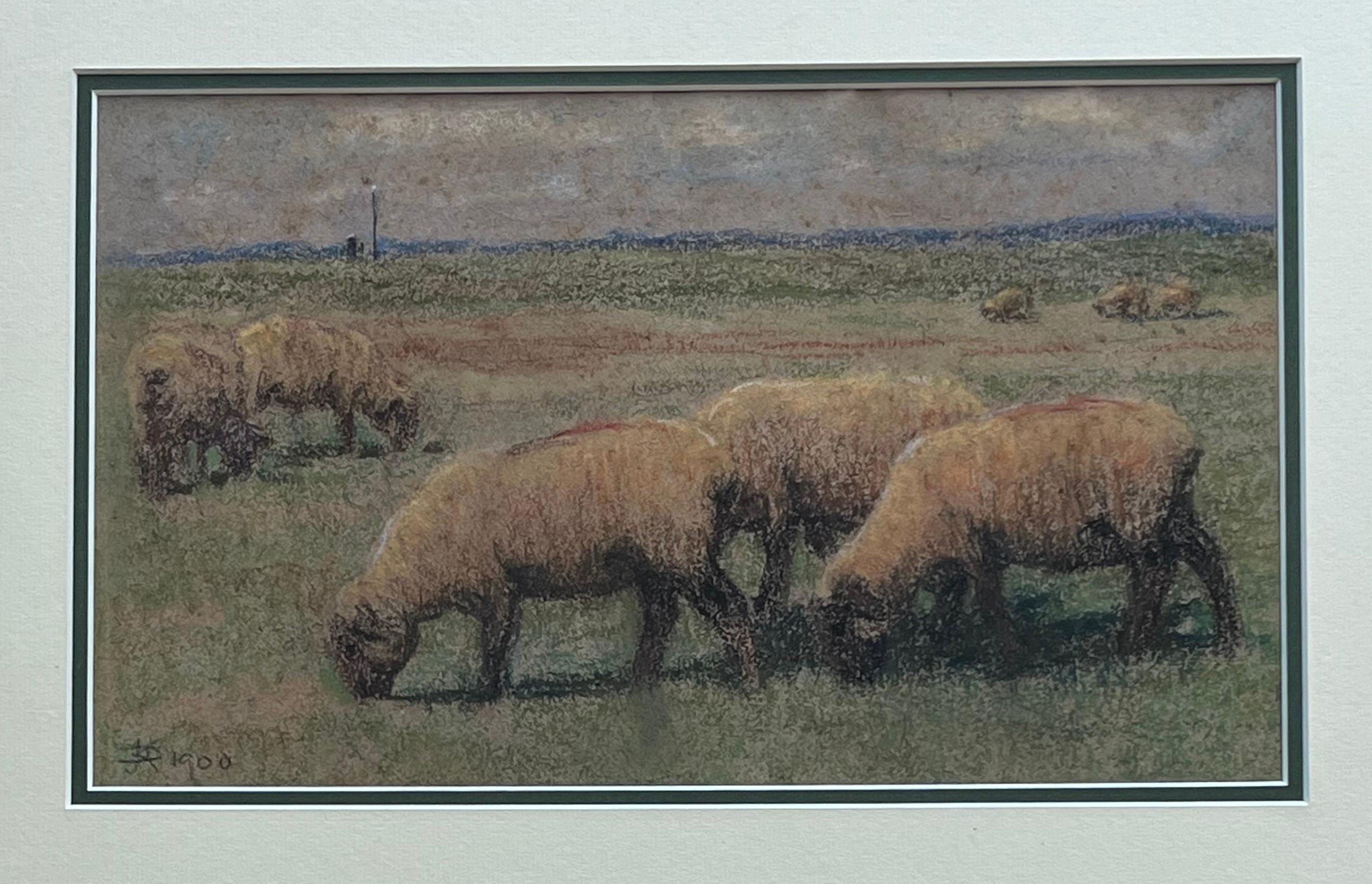 Impressionist scene of sheep grazing in an open pasture