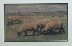 Antique Impressionist scene of sheep grazing in an open pasture