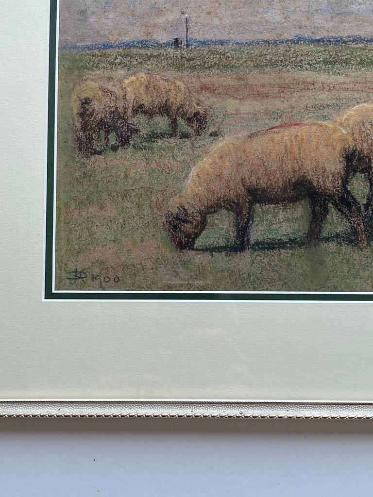 A really atmospheric impressionistic image of sheep grazing in an open pasture with wonderful effects of light and shade.

John Robert Keitley Duff (1862-1938)
Sheep grazing
Signed with monogram and dated 1900
Pastel
7 x 12 inches without frame
12 x