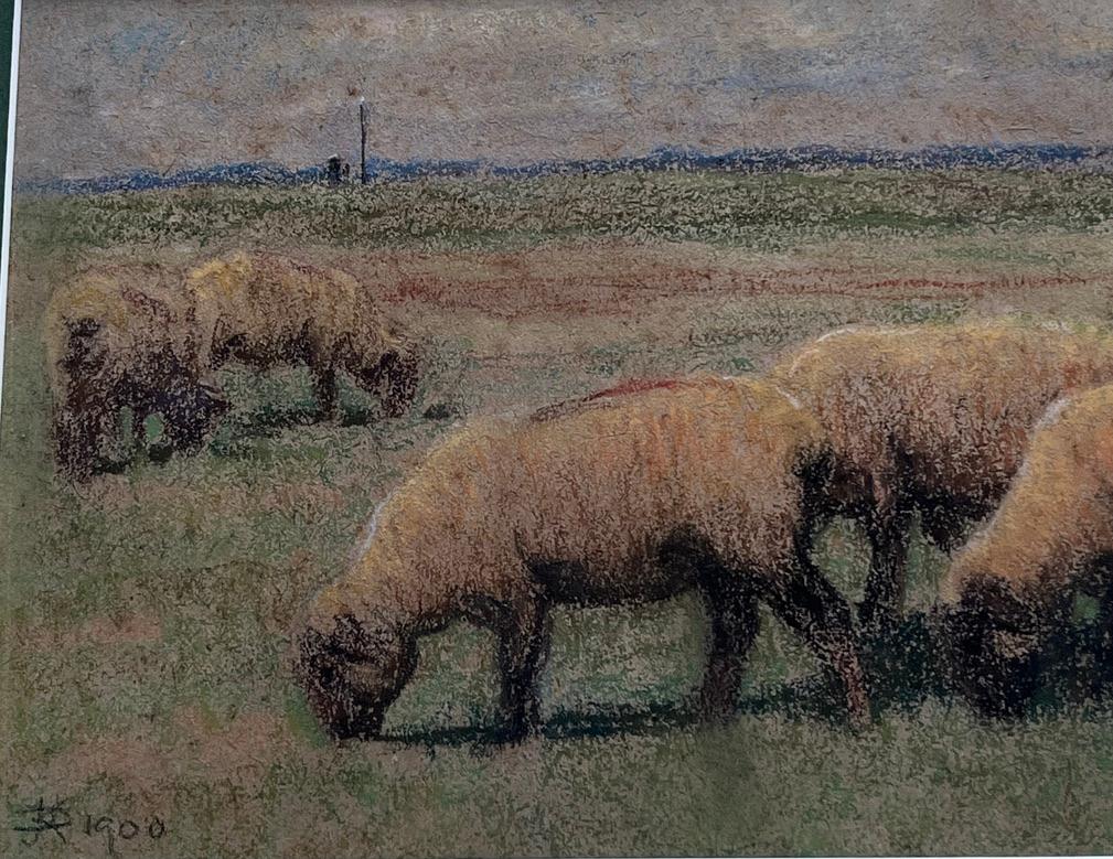Une image impressionniste très atmosphérique de moutons broutant dans un pâturage ouvert avec de merveilleux effets d'ombre et de lumière.

John Robert Keitley Duff (1862-1938)
Pâturage ovin
Signé avec un monogramme et daté de 1900
Pastel
7 x 12