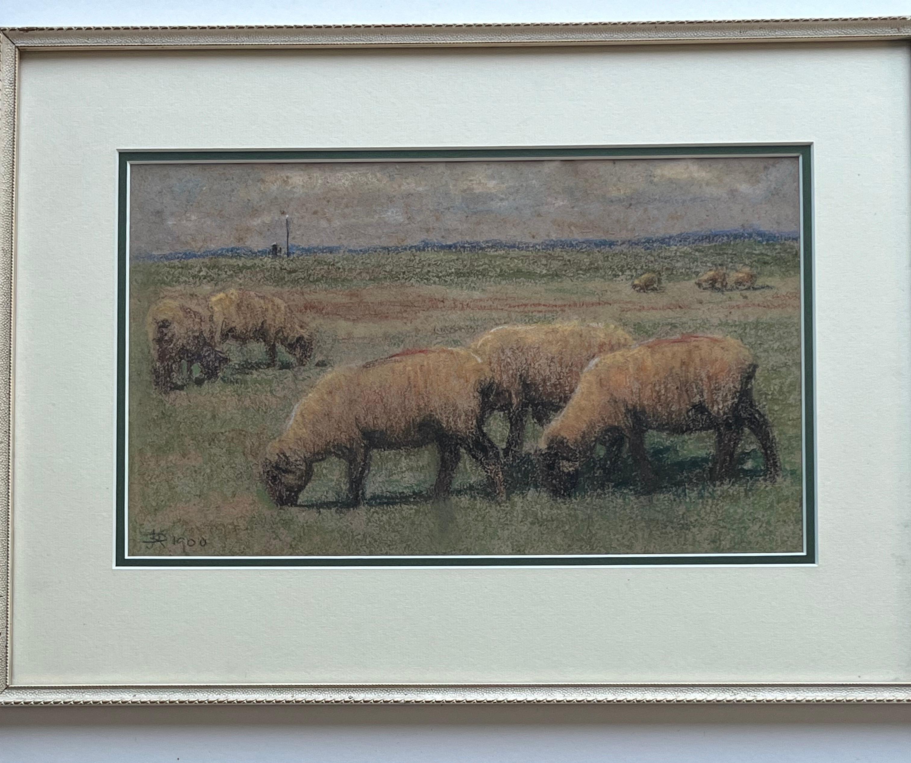 Impressionist scene of sheep grazing in an open pasture For Sale 4